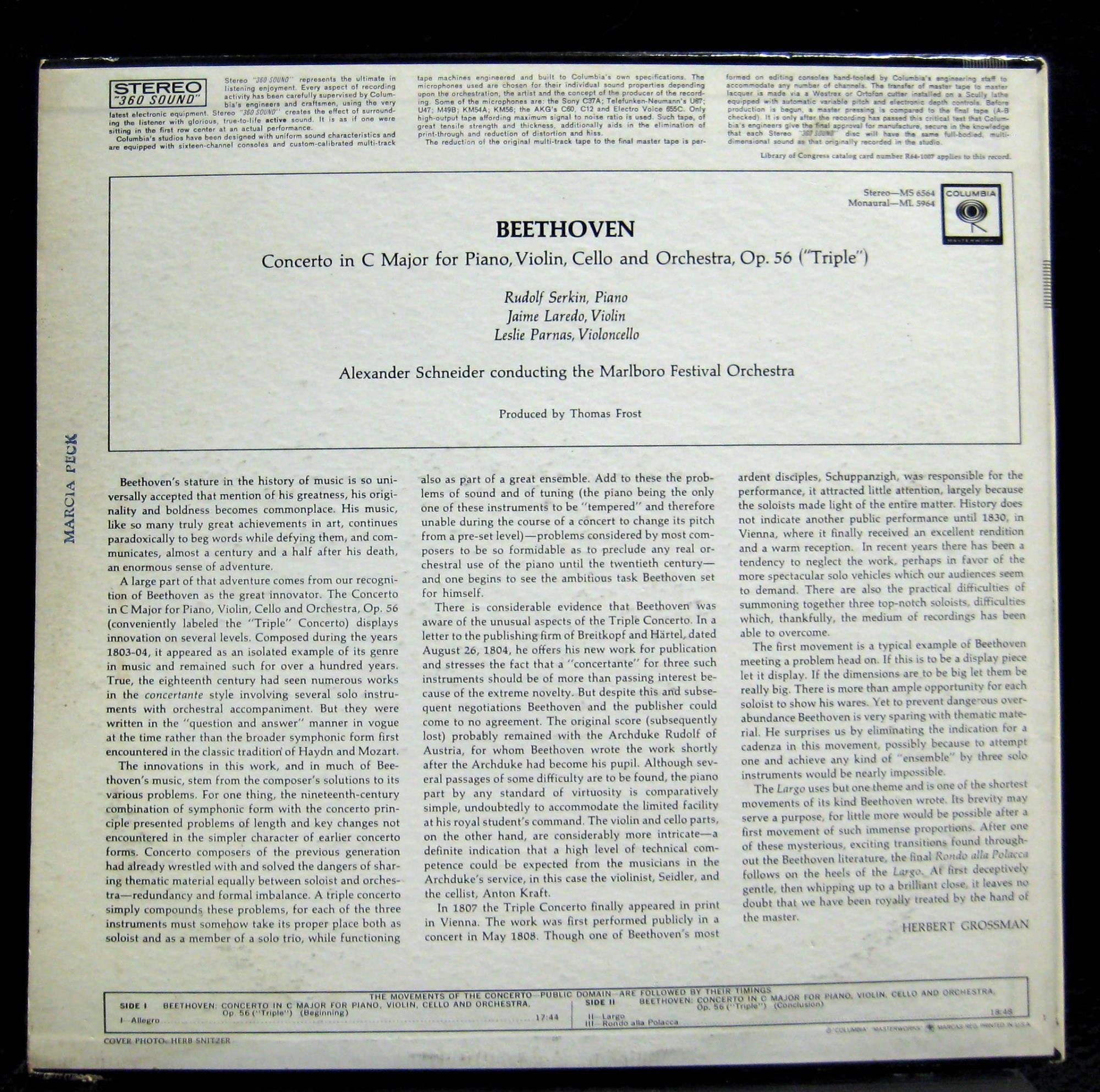 Rudolf Serkin Jaime Laredo Leslie Parnas Beethoven Triple Concerto vinyl record