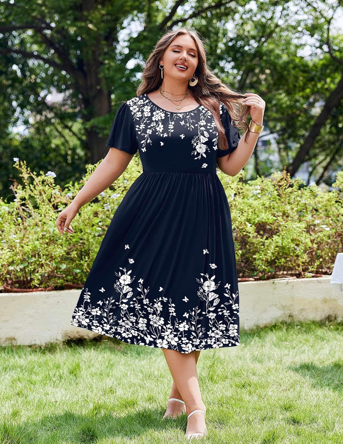 IN'VOLAND Women Plus Size Short Sleeve Dress Loose Summer Casual A-Line Flowy Midi Dresses with Pockets