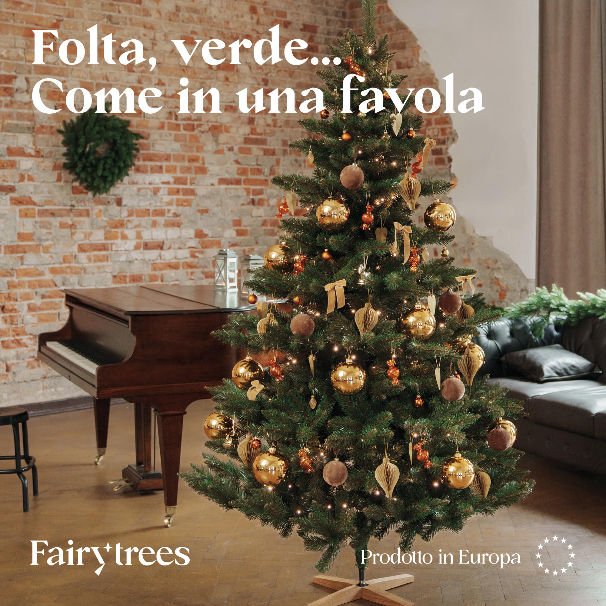FairyTrees albero di Natale artificiale 220cm Abete Nordmann con supporto in legno | Albero di Natale artificiale con tronco verde | Facile da Montare | Prodotto in EU