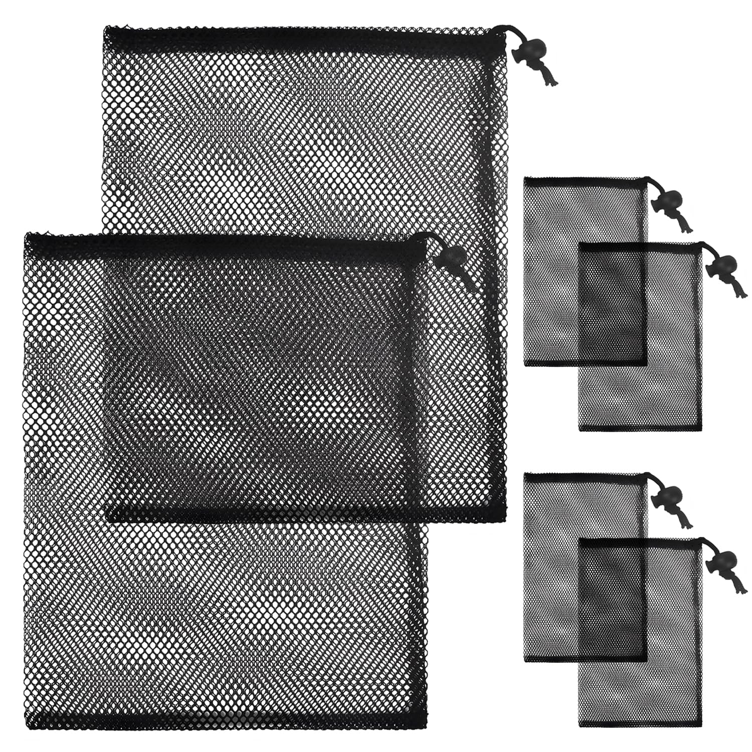 FIGCY Multi-Size Mesh Bags with Drawstring - 2 Large (35x40cm) & 4 Small (10x15cm) for Beach, Swimming, Sand Toys, Sports, and Travel - Black