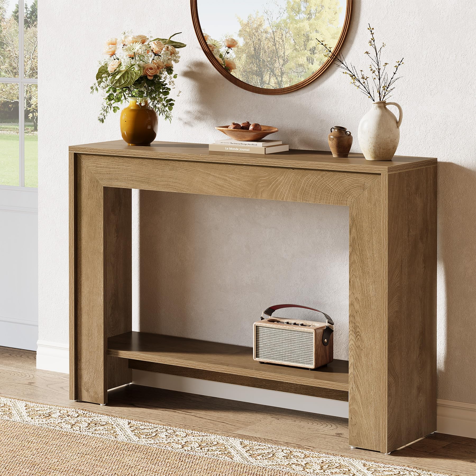 Tribesigns Mesa consola estrecha de 105 cm con espacio de almacenamiento abierto de 2 niveles, mesa de sofá detrás del sofá, mesa de consola rústica para salón, pasillo, vestíbulo, nogal claro