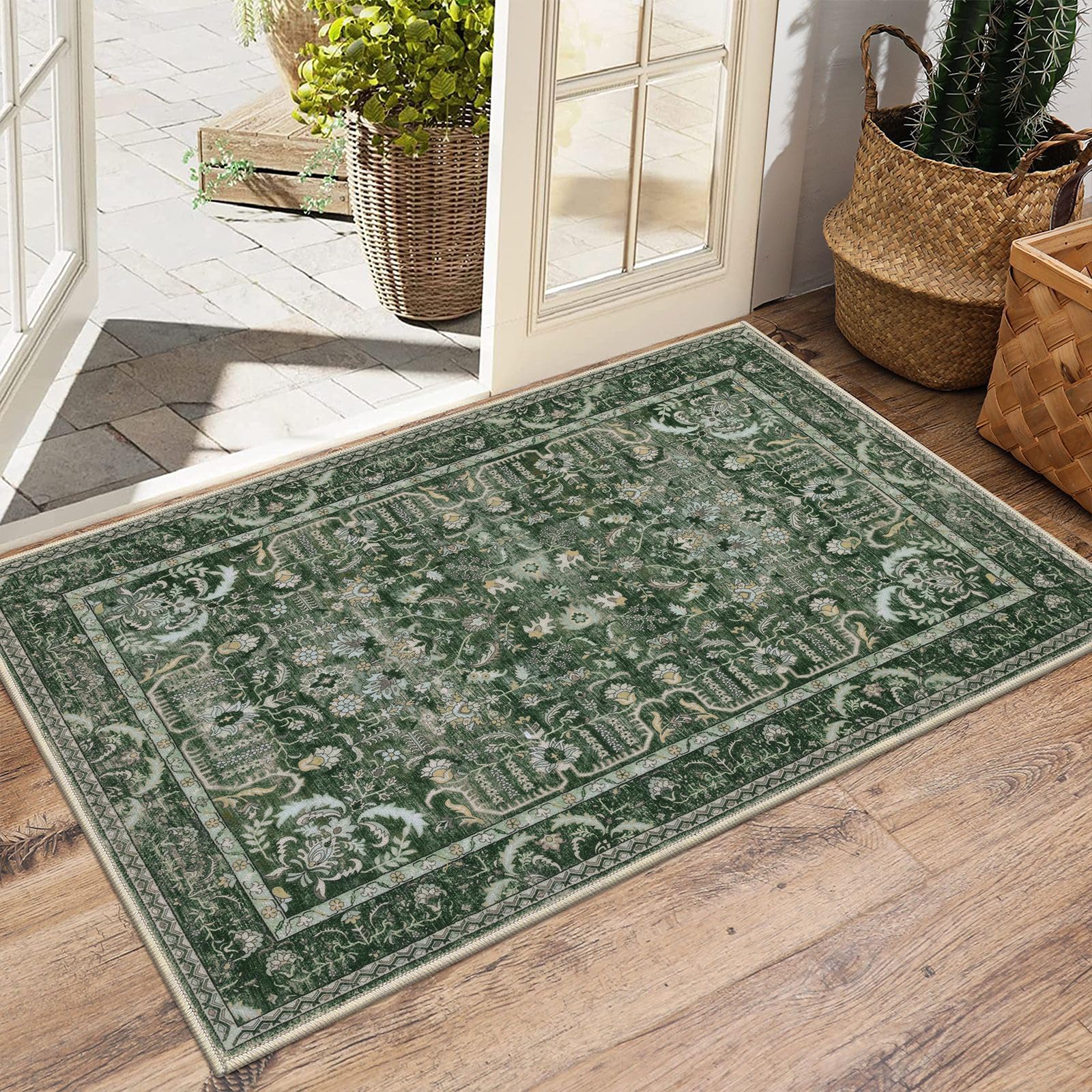 Tapis d'entrée U'Artlines vert foncé bohème et antidérapant