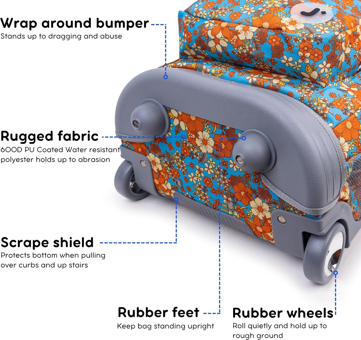 J World Sundance Laptop Rolling Backpack for Girls Boys. Roller Bookbag with Wheels, Retro Bloom - Image 4