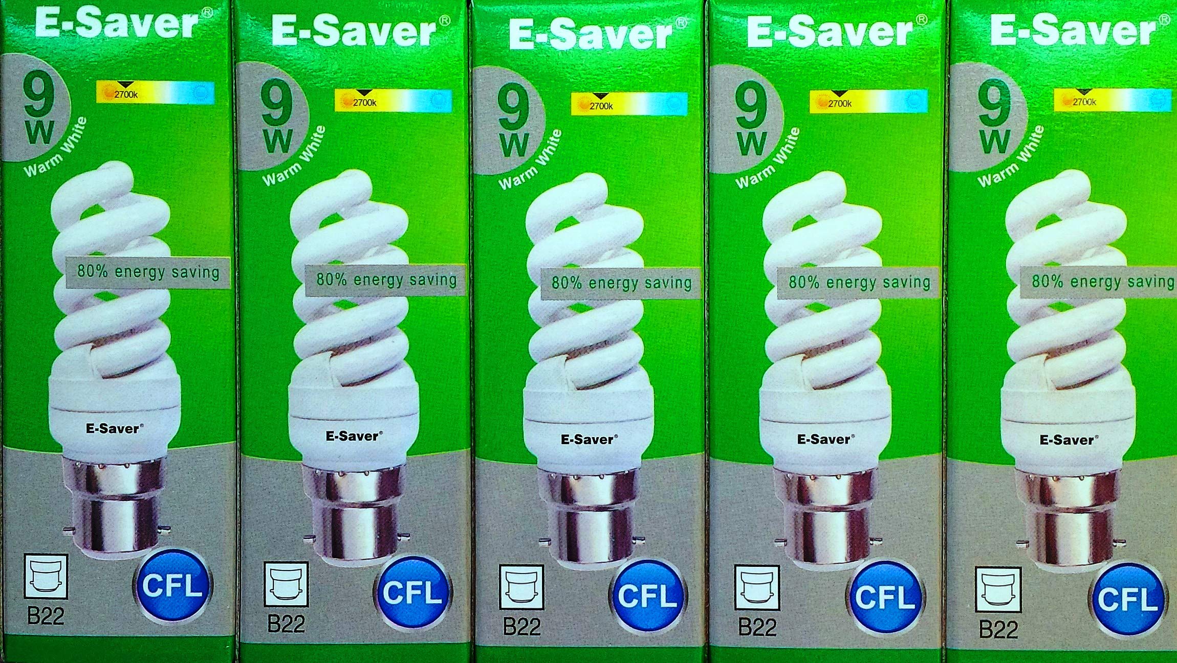 E-Saver - CFL Full Spiral - Energy Saving Light Bulbs - 9w = 50 Watt - (Pack of 5) - Warm White 2700k - Bayonet Light Bulb (BC- B22- B22d)