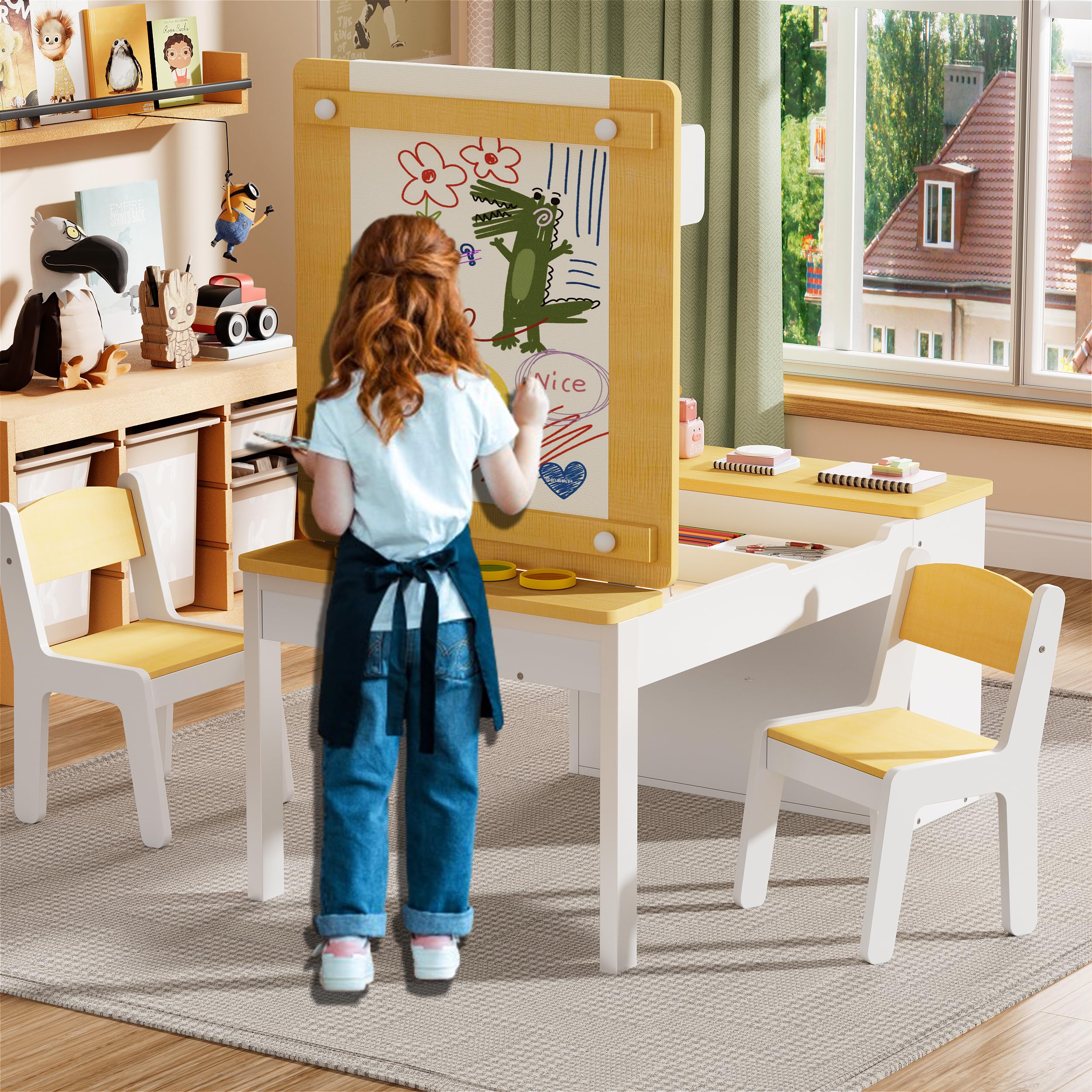 Table Enfant avec 2 Chaises en Bois, Plateau Inclinable, Coloriage, 110x62x53.4 cm