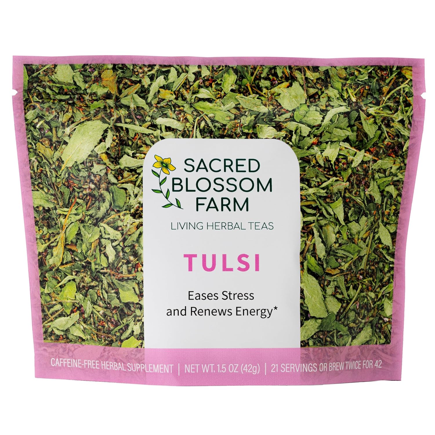 Tulsi Herbal Tea (Holy Basil) | Sacred Blossom Farm | 1.7 oz. Loose Leaf | Ease Stress Renew Enaergy* | Minimally Processed Wisconsin-Grown Medicinal Herbs | Caffeine Free | Handmade in USA