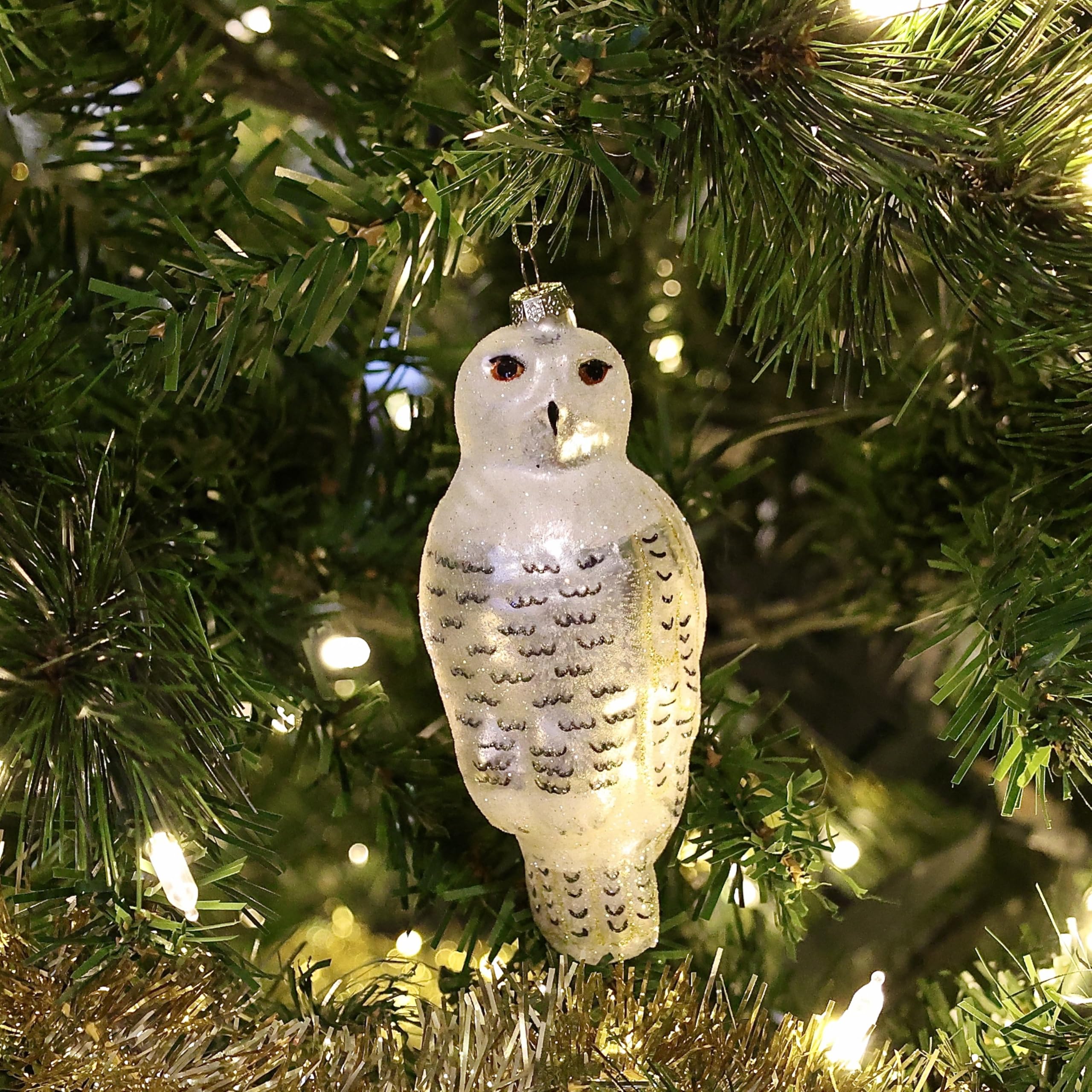 Cobane Studio - Adorno de búho nevado, vidrio soplado a mano, adorno de pájaro pintado a mano para árboles de Navidad y decoración del hogar