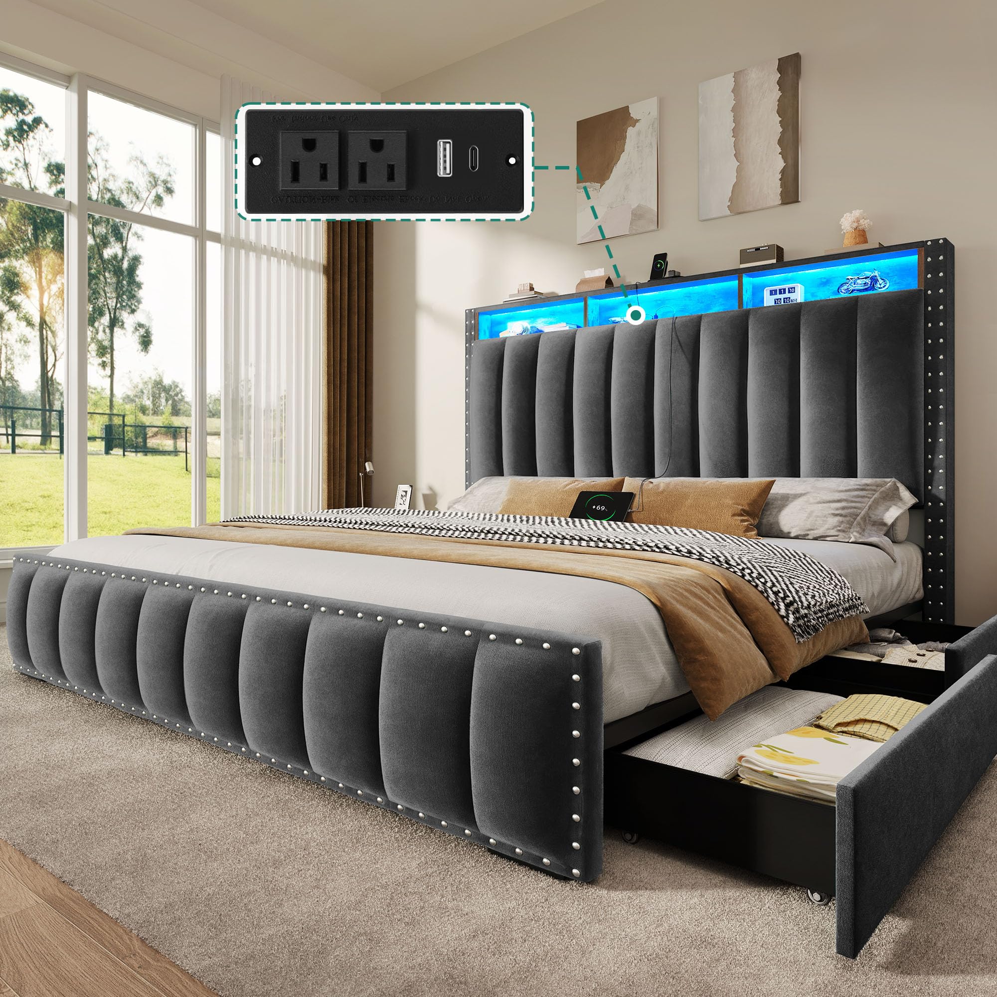 Photo 1 of DWVO Queen Size Bed Frame with 4 Storage Drawers and RGB LED Lights, Velvet Upholstered Platform Bed with Charging Station and Bookcase Storage Headboard, No Box Spring Needed, Easy Assembly, Grey