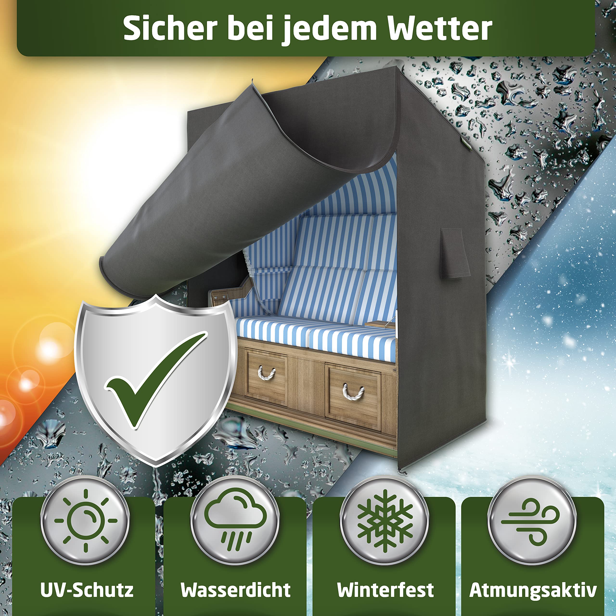 Besuche den WALDNER- WALDNER Strandkorb Schutzhülle | Oxford 600D | Abdeckung Strandkorbhülle Abdeckhaube Abdeckplane | wasserdicht winterfest wetterfest UV-beständig atmungsaktiv | 120 x 90 x 160 B/T/H | grau anthrazit in use