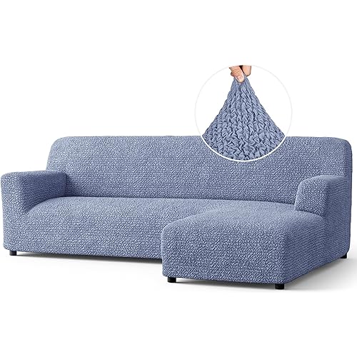 PAULATO BY GA.I.CO. Sectional Couch Cover - Chaise L-Shape Sofa Slipcover - Washable Corner Couch Covers - 1-Piece Form Fit Stretch Cover - Microfibra Collection - Blue (Right-Facing Chaise)