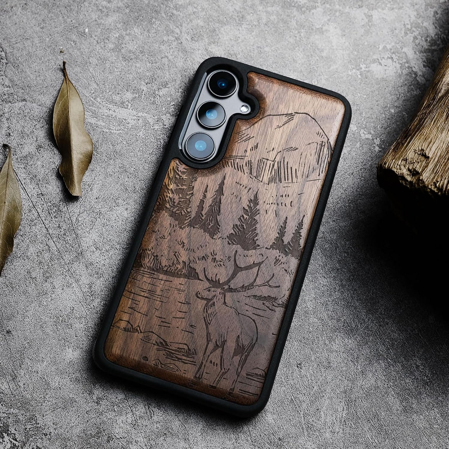 Carveit Wood Case for Galaxy S24 Plus Case [Natural Wood & Black Soft TPU] Shockproof Protective Cover Unique Wooden Design Compatible with S24 Plus (Mountains and Deer-Walnut)