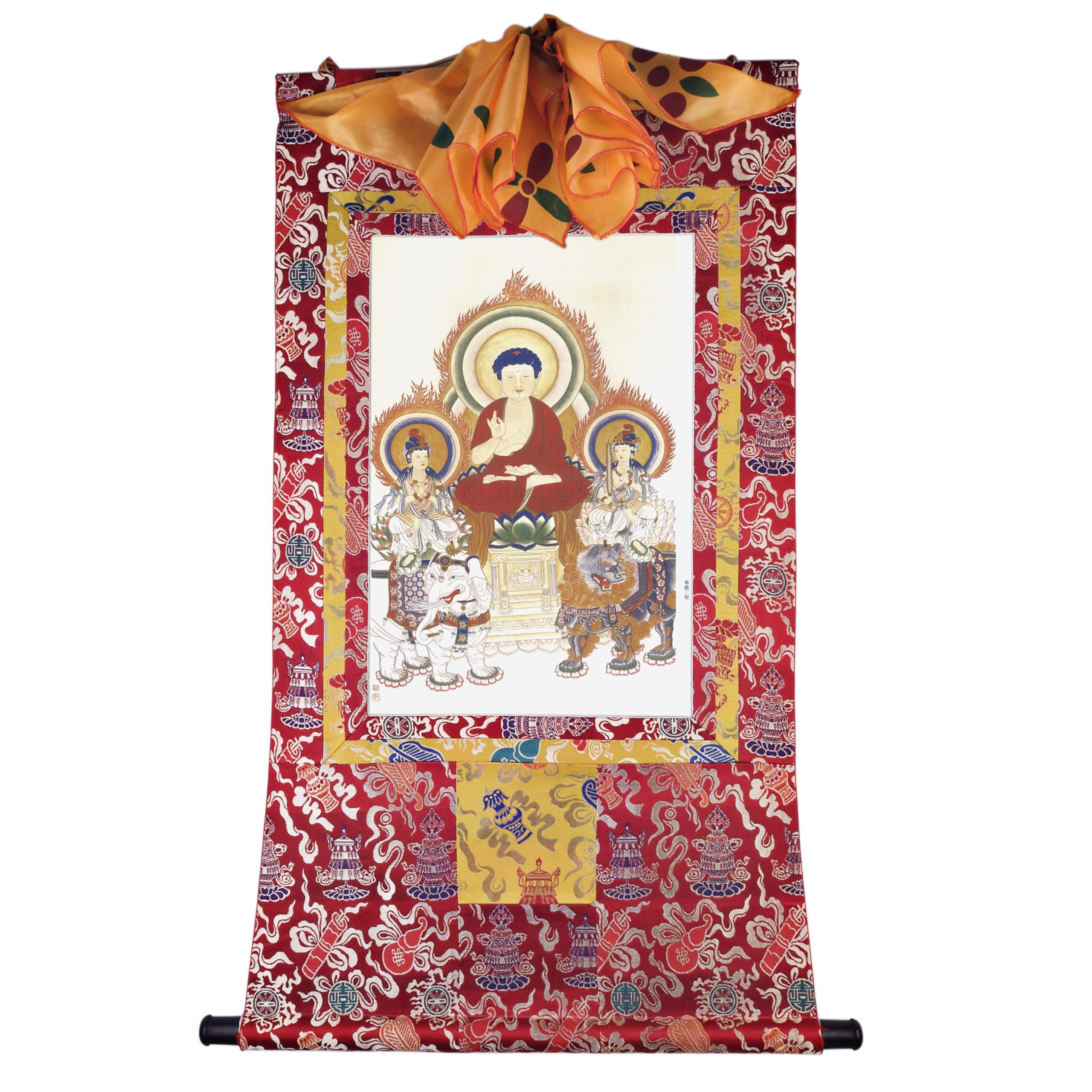Gandhanra Tibetische Thangka-Kunst–Drei Heilige des Avatamsaka Thangka–Hochauflösender Digital-Giclée-Druck und doppelt handgerahmt - Buddhistische Wandbehang-Tapisserie - 47" x 32"