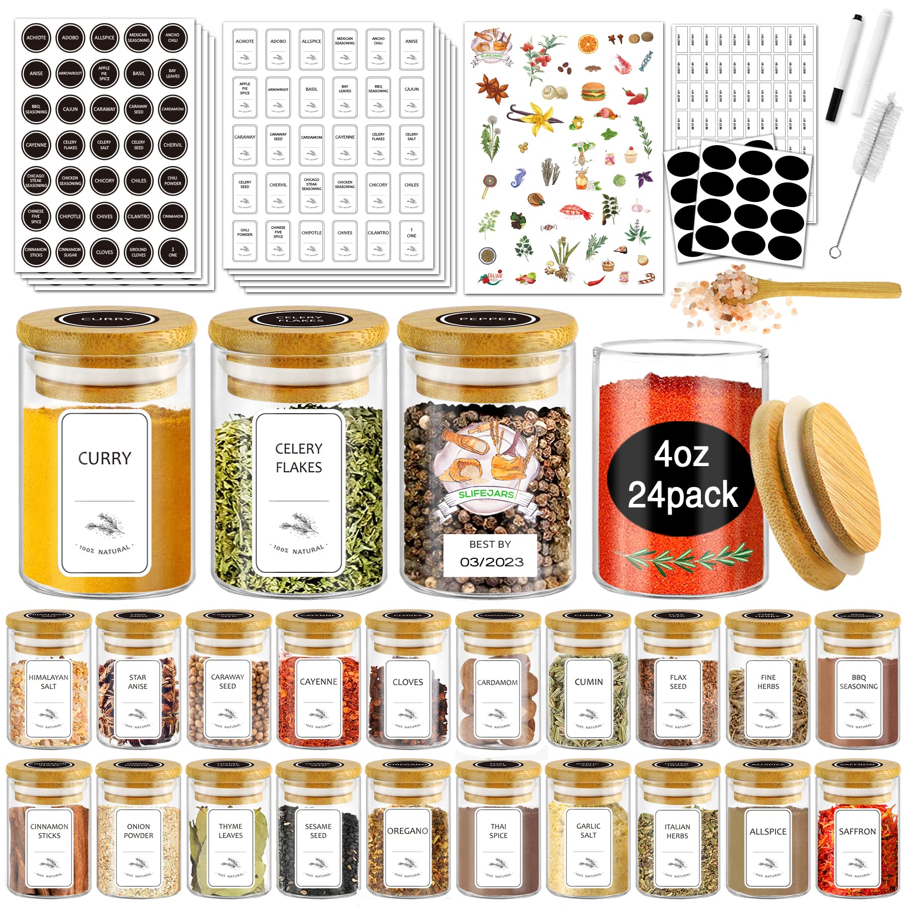 SLifeJars-Spice Jars with Label, 4 oz 24 pcs Spice Containers Glass Jars with Bamboo Lids, Seasoning Containers Bottles, Airtight Empty Glass Jars for Spice Rack,Drawer,Cabinet,Pantry