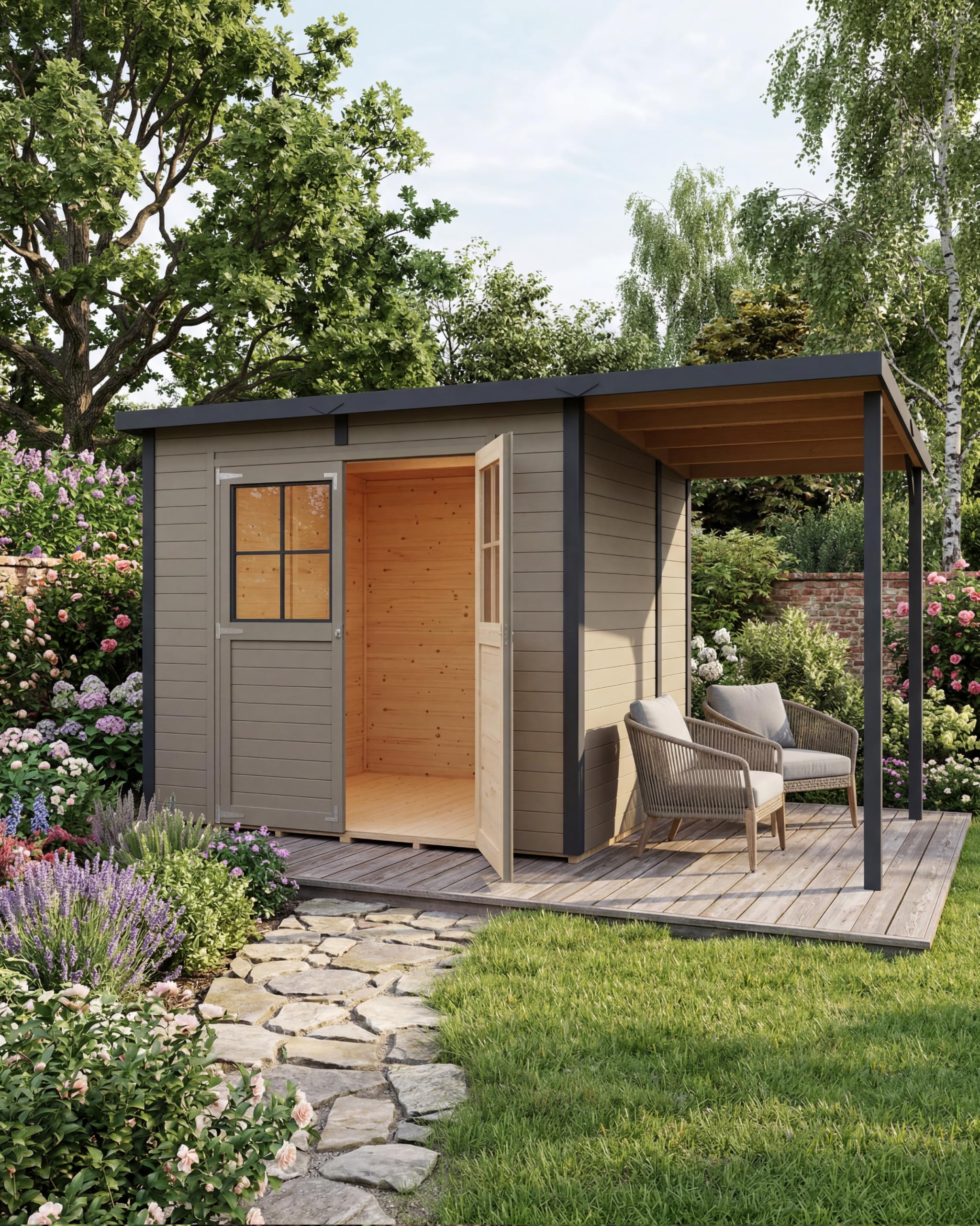 Steiner Shopping Gartenhaus Ense 03 | 12 mm Elementgartenhaus aus nordischer Fichte I Außenmaß 395 x 200 cm I Mit Anbaudach, Fußboden & Pultdach