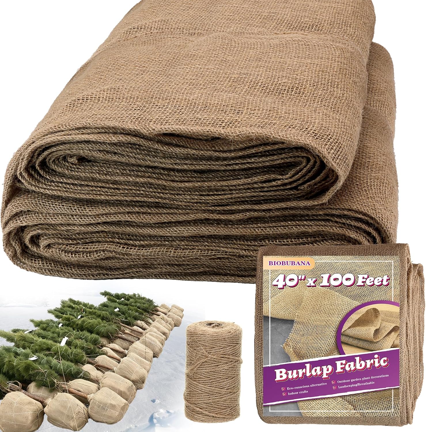 40'' x 100 Feet Burlap Fabric Roll 33 Yard, Natural Jute Fabric for Winter Tree Wrap Plant Covers Freeze Protection with 164 Feet Jute Rope, DIY Rustic Wedding Garden Outdooor Christmas Decoration