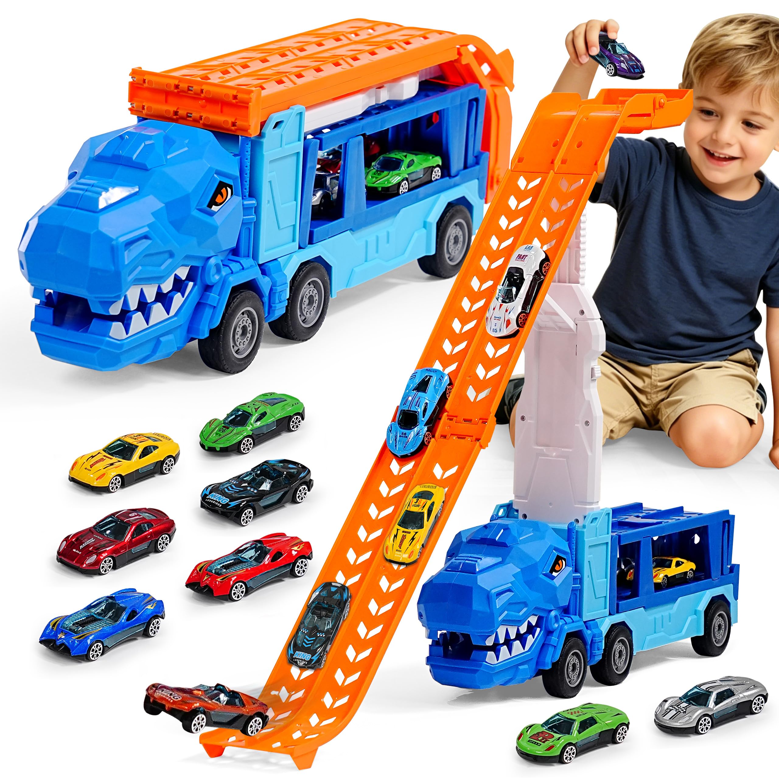 Toddler Transport Truck Toy,Dinosaur Transport Set, 12 Miniature Cars