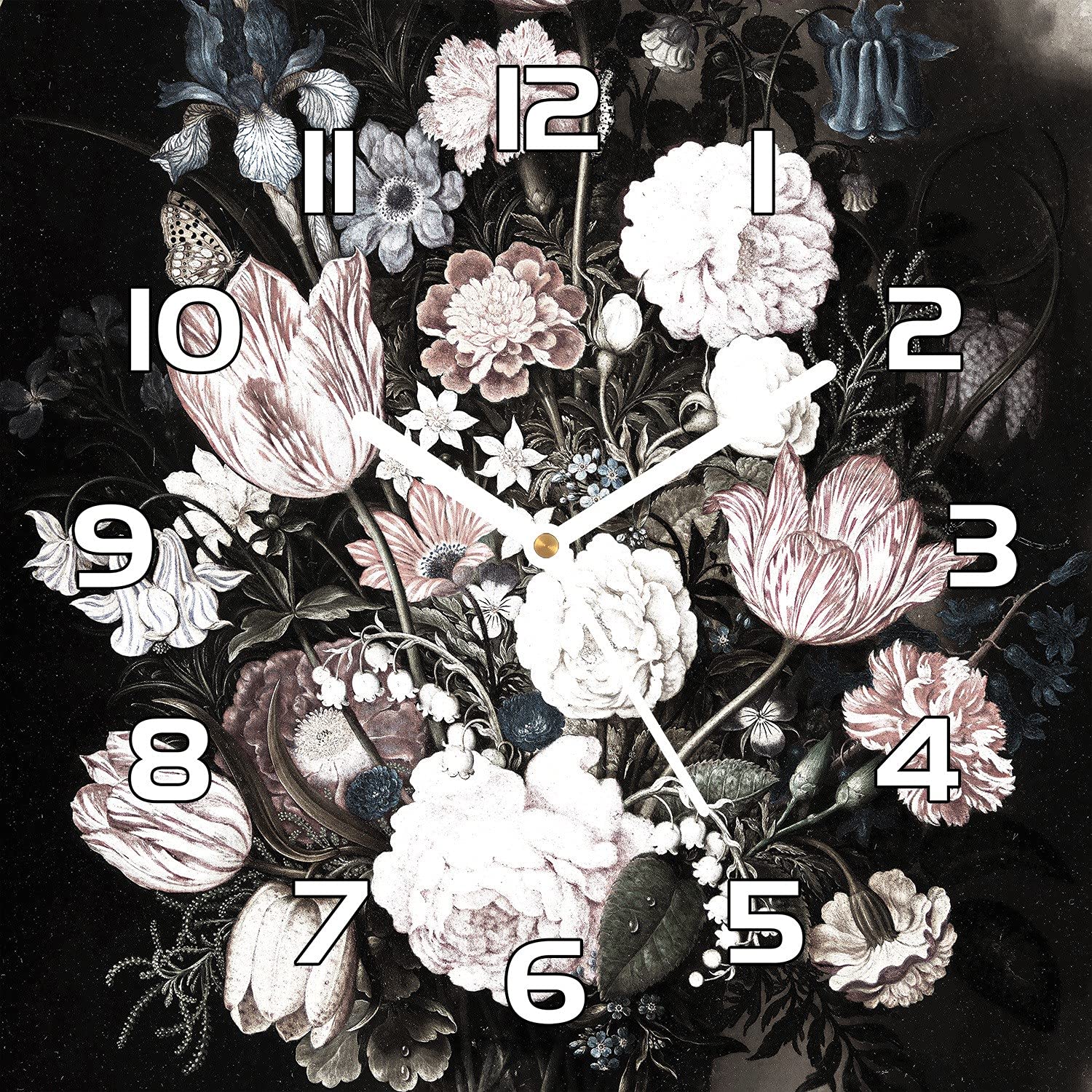 Horloge en verre moderne 30x30 cm avec impression haute définition bouquet vintage