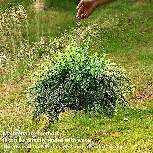 Vista 21 de QIANYUN Helecho falso para exteriores, paquete de 2 plantas artificiales de helecho colgante para exteriores, plantas de plástico resistentes a