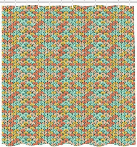 Ambesonne Cortina de ducha naranja y turquesa, patrón de escamas abstractas en colores pastel, estilo retro, juego de decoración de baño de tela con