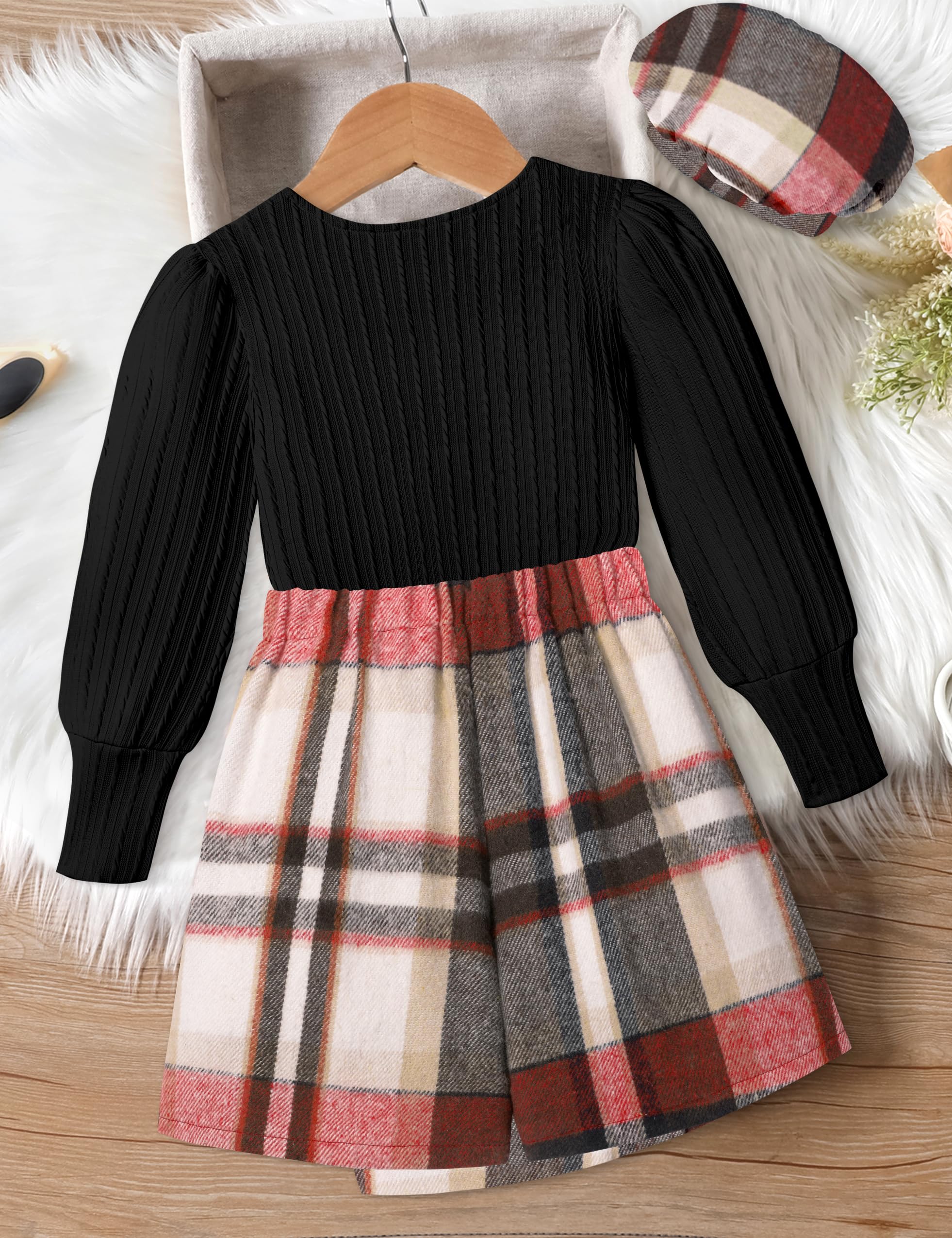 AGAPENG Conjunto de falda para niña, 3 piezas, cuello cuadrado, jacquard, manga abombada, a cuadros, minifalda, pantalones cortos, ropa de otoño e invierno