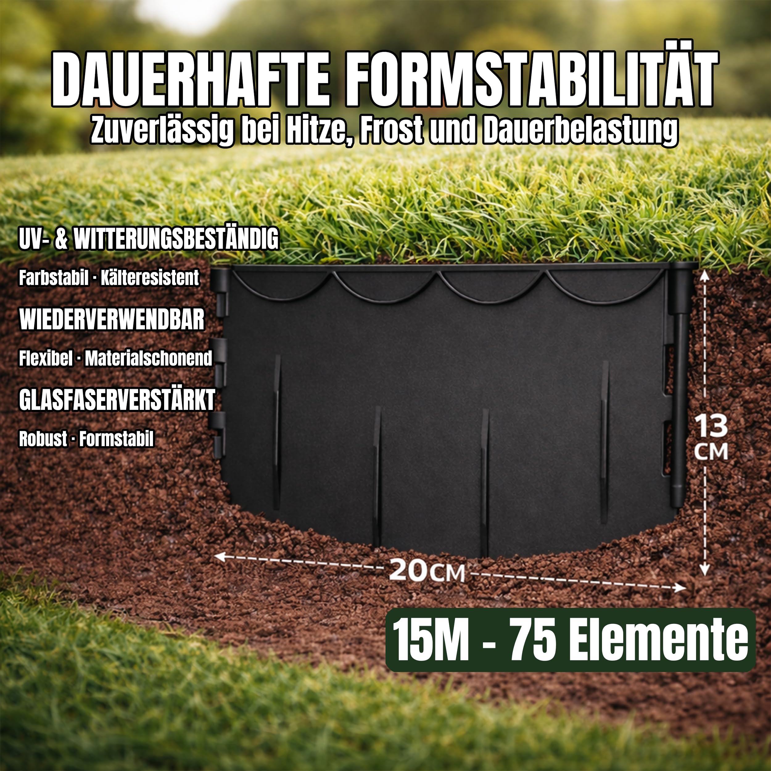 Rasenkante 15 m – mit Gummihammer direkt einschlagen, kein Graben | Robuste Beeteinfassung | Für große Rasenflächen, Grundstücke und Wege