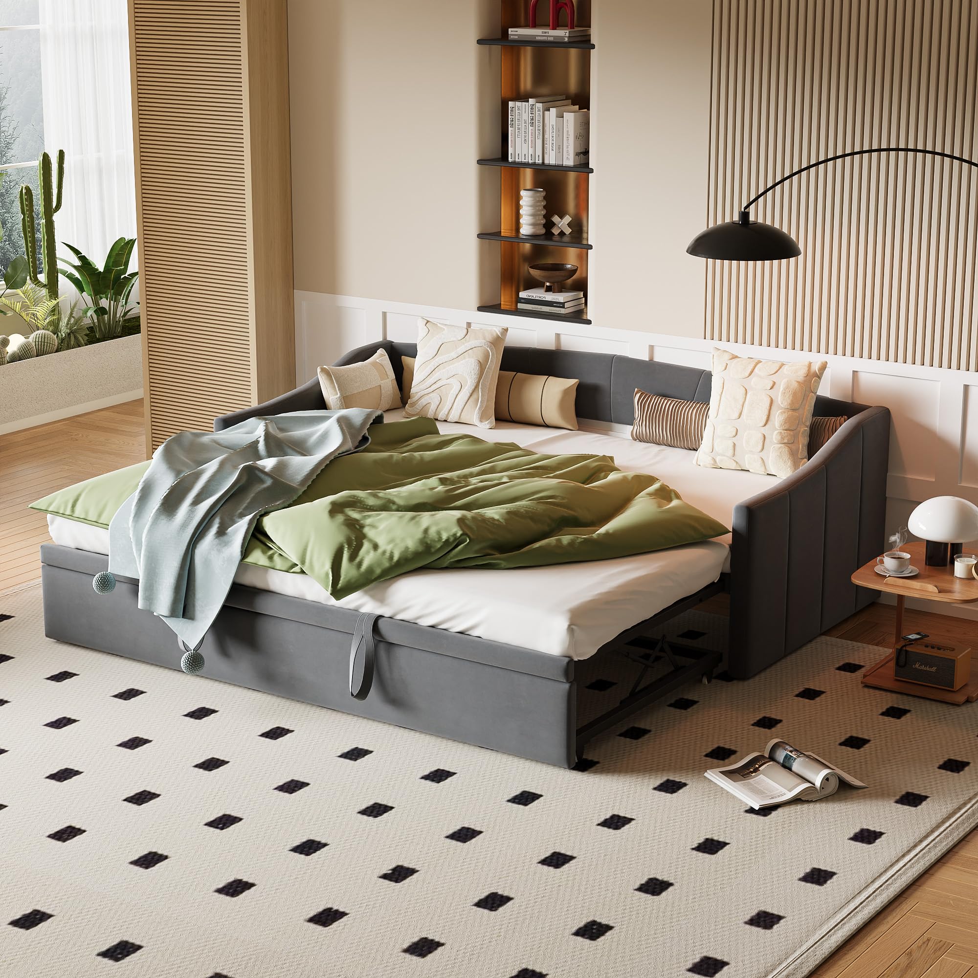 Divano Letto 2 Posti 90/180 x 200 cm, Divano Letto Convertibile, Letto Imbottito con Sommier a Doghe, Divano Letto Estraibile, Rivestimento in Velluto, Grigio (senza Materasso) (Grigio-A)