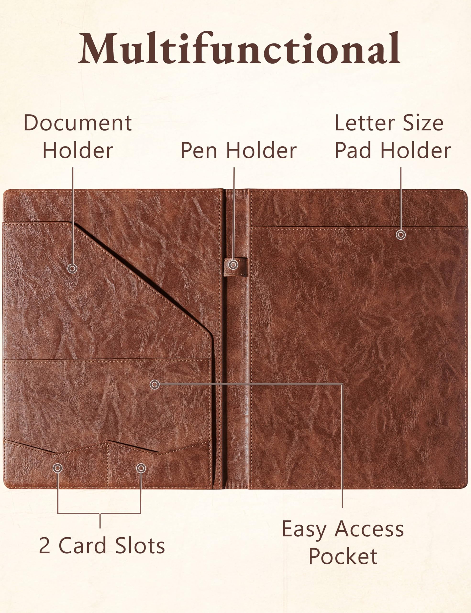 Mymazn Padfolio Portfolio Folder, Faux Leather Interview Resume Folder with Document Organizer & Business Card Holder, Letter-Sized Notepad Legal Pad Holder for Men Women (Brown)