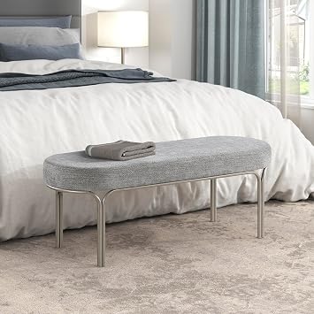Lexicon Modern Oval Upholstered Entryway Bench, Chenille Fabric Cushion Seat with Foam Padding and Champagne Iron Frame, Accent Bench for Bedroom/Hallway/Living Room, Gray