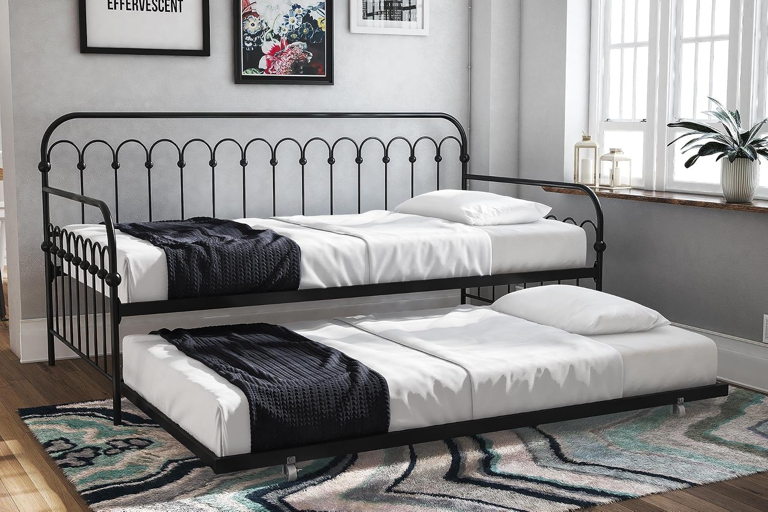 Novogratz Bright Pop Twin Daybed with Trundle - Stylish & Multifunctional Frame, Built-in Casters, Metal Twin Daybed Frame, Black