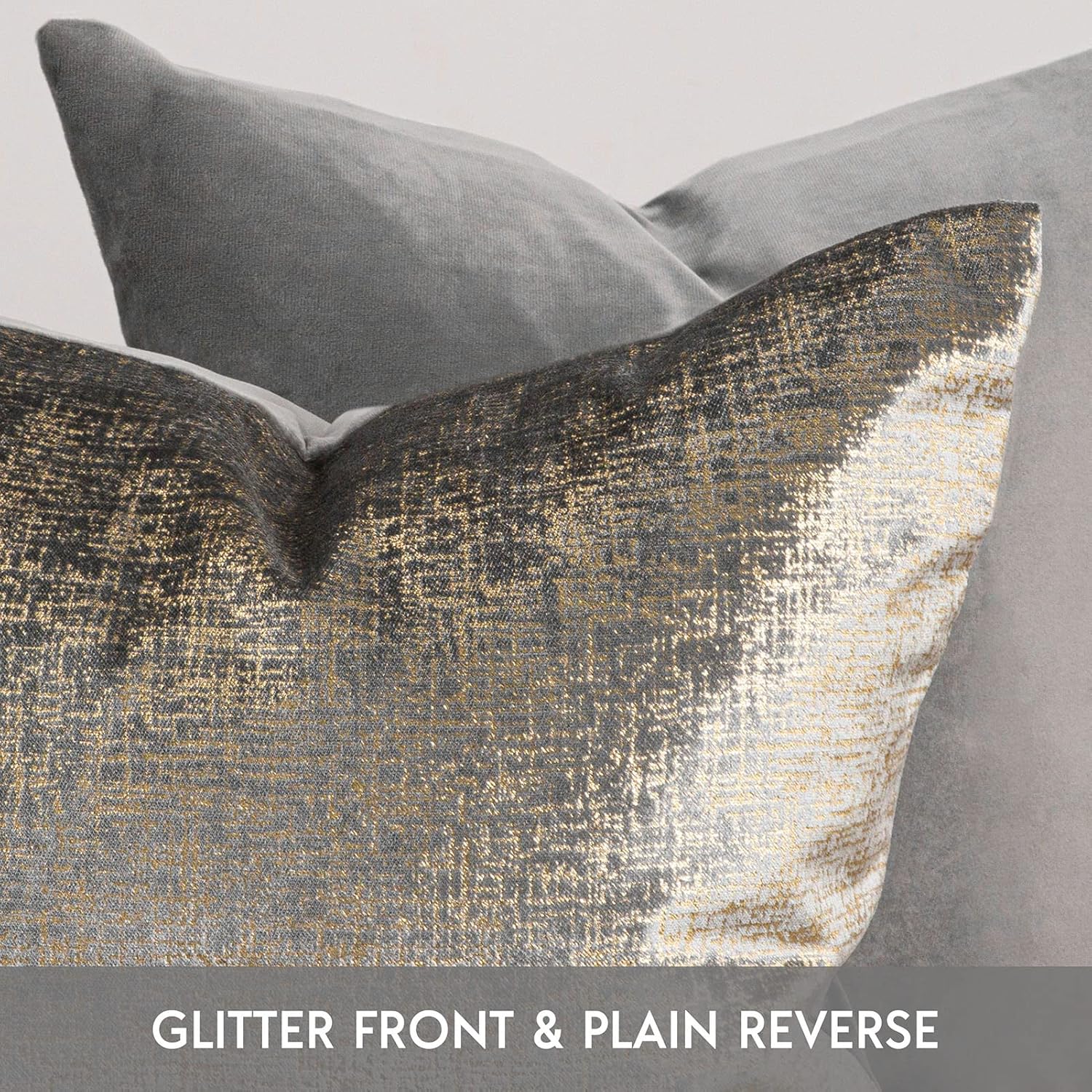Condition photo showing Good Condition for Phantoscope Pack of 2 Sparkling Velvet Geometric-Pattern Throw Decorative Pillow Cover Soft Gold Glitter Square Cushion Cover Pillowcase for Couch Bed and Chair, Grey, 18 x 18 inches, 45 x 45 cm