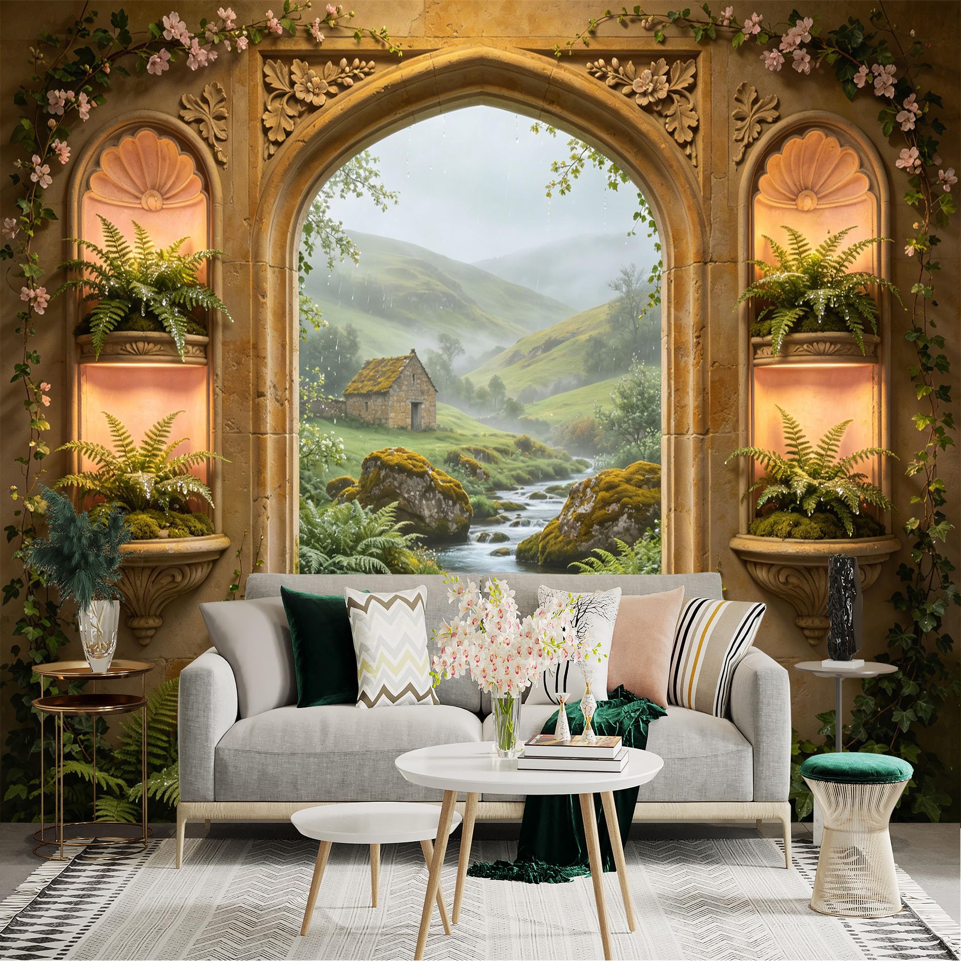 Lnzczhyre Dbh260521901 Custom Size Wall Sticker Mural， Stone Archway View， Misty Countryside Landscape， Peaceful Flowing Stream， Rustic Cottage And Green Hills， For Wall Decoration， Peelandstick Wall Decals.