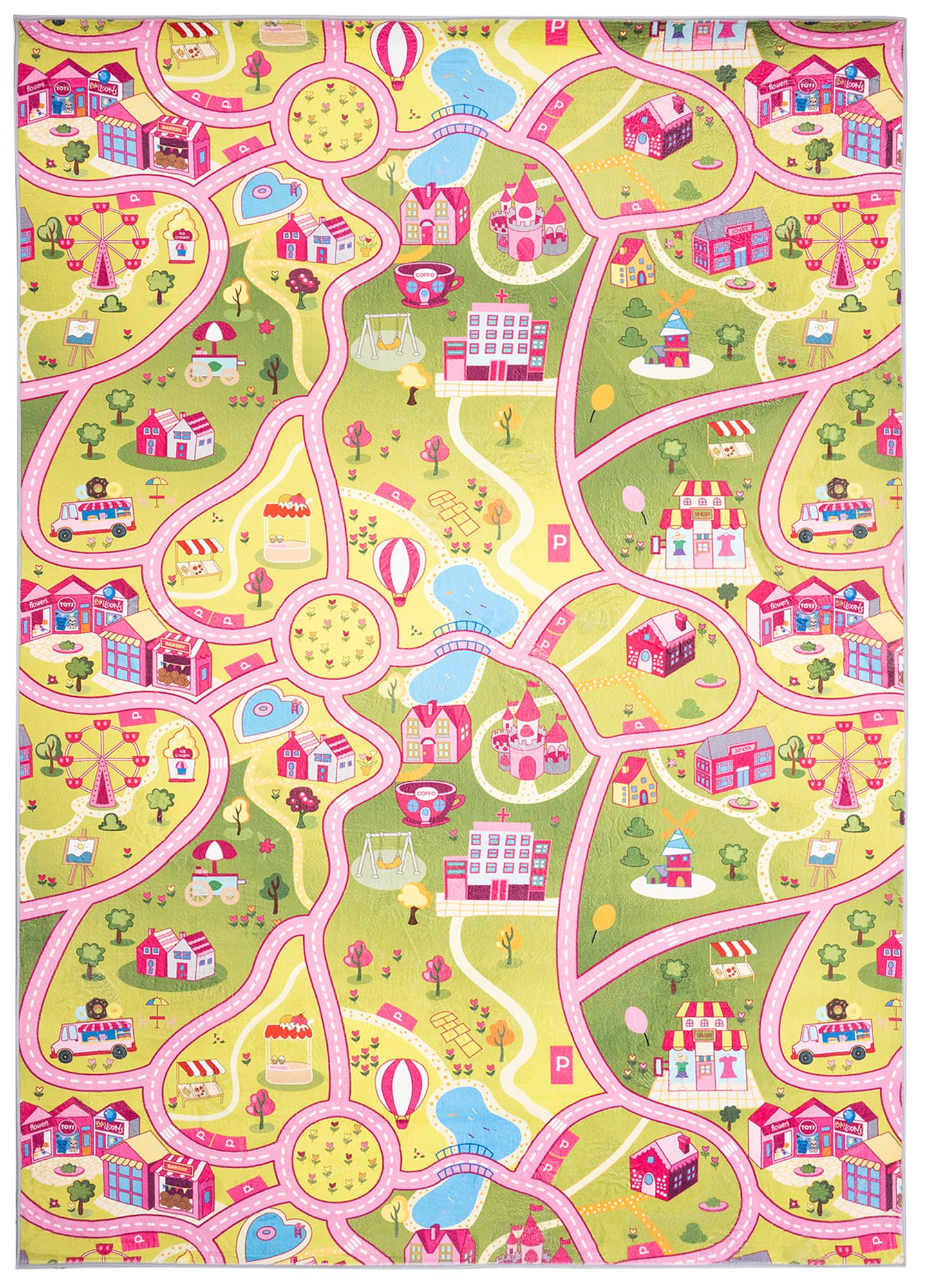 TAPISO Flannel Tapis Chambre Enfant Bébé Fille Garçon Antidérapant Lavable Rose Vert Bleu Blanc Tapis de Jeux Voiture Circuit Route Ville Poils Ras Oeko-TEX Résistant 120 x 170 cm