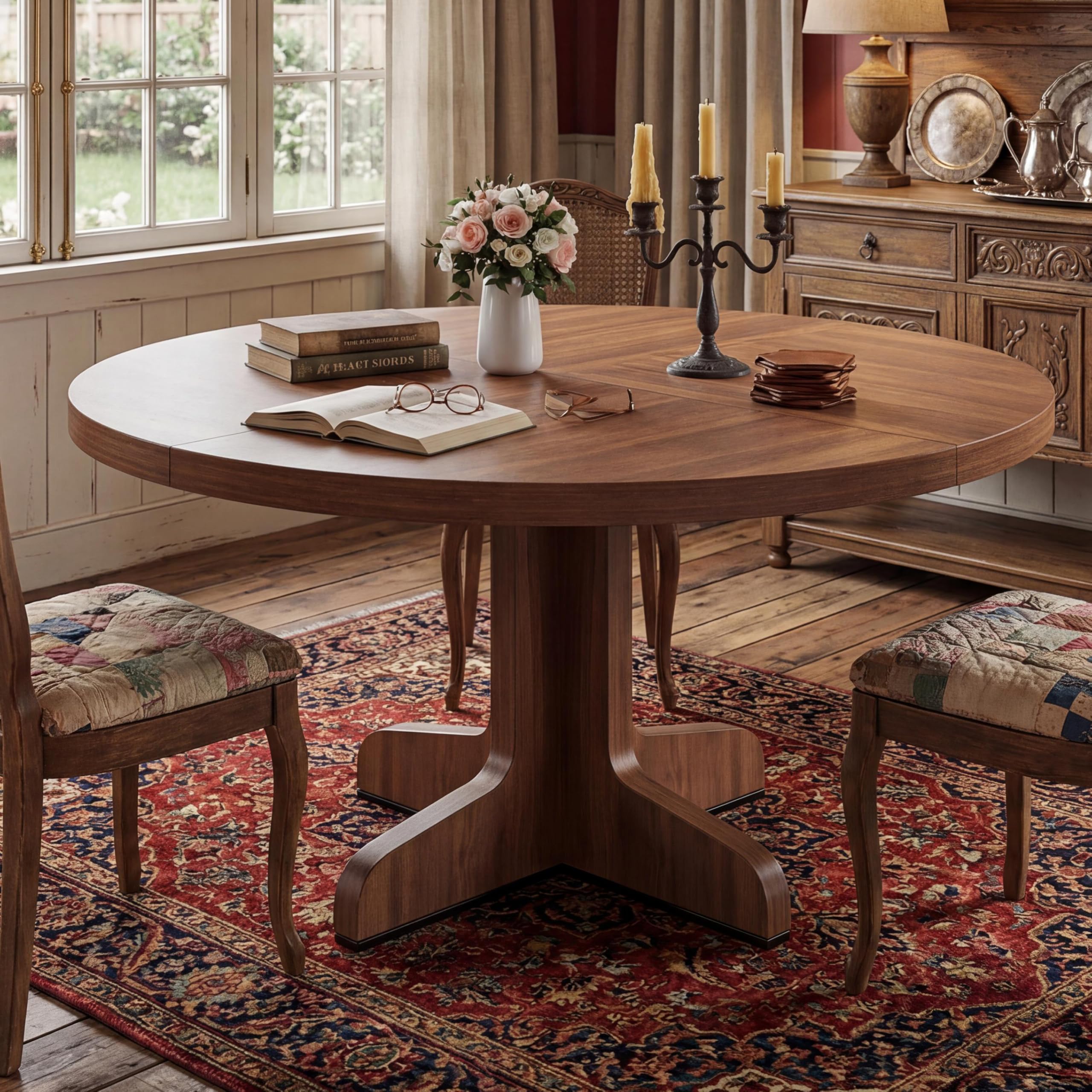 GarveeHome Kitchen Table for 4-6 People, Dining Table, Round Dining Room Table for Kitchen, 47 Inch Round Table for Dining Room, Walnut