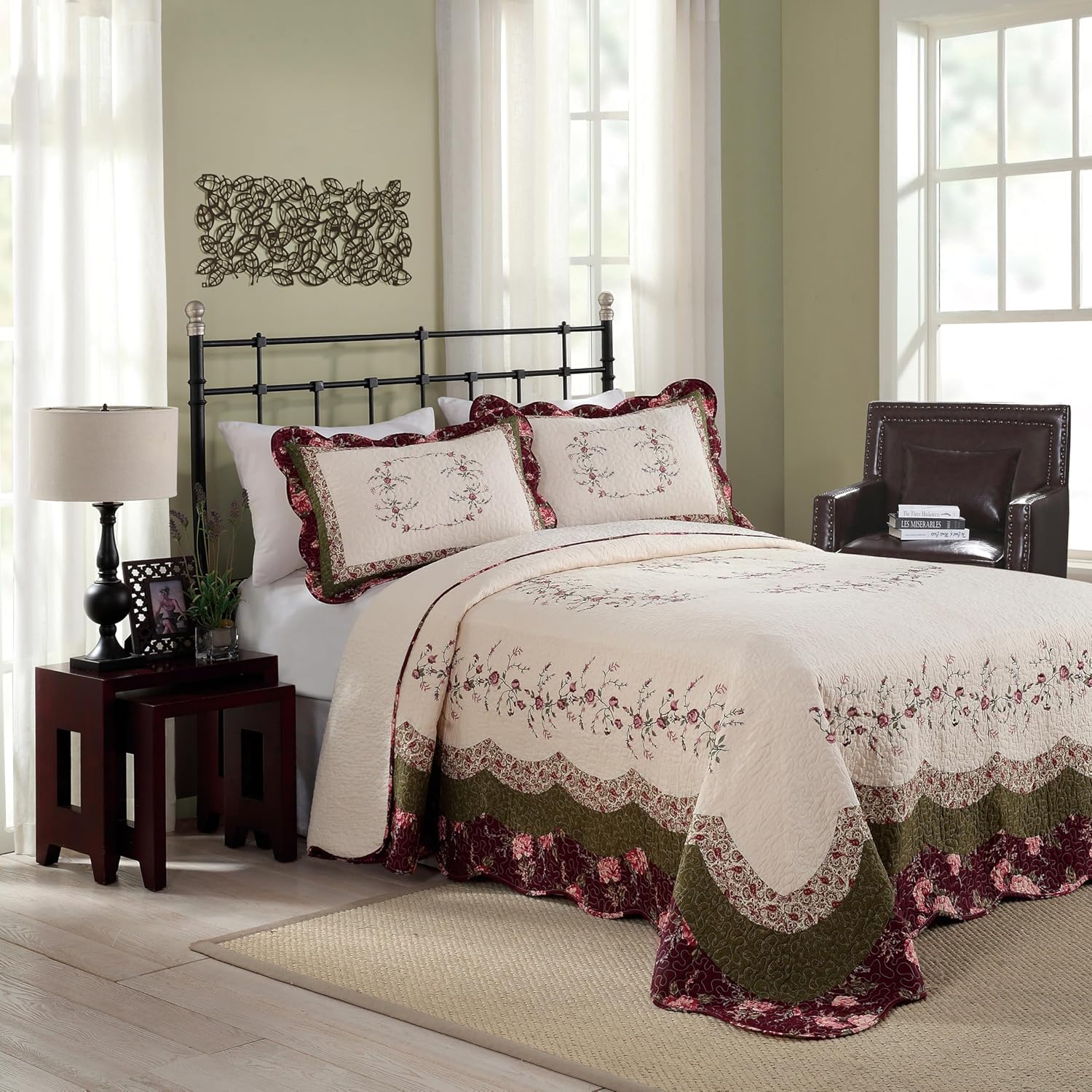 Modern Heirloom Brooke Embroidered Floral Quilted Bedspread, Lightweight Breathable All Seasons Bedding, King Size, Cream/Burgundy/Green