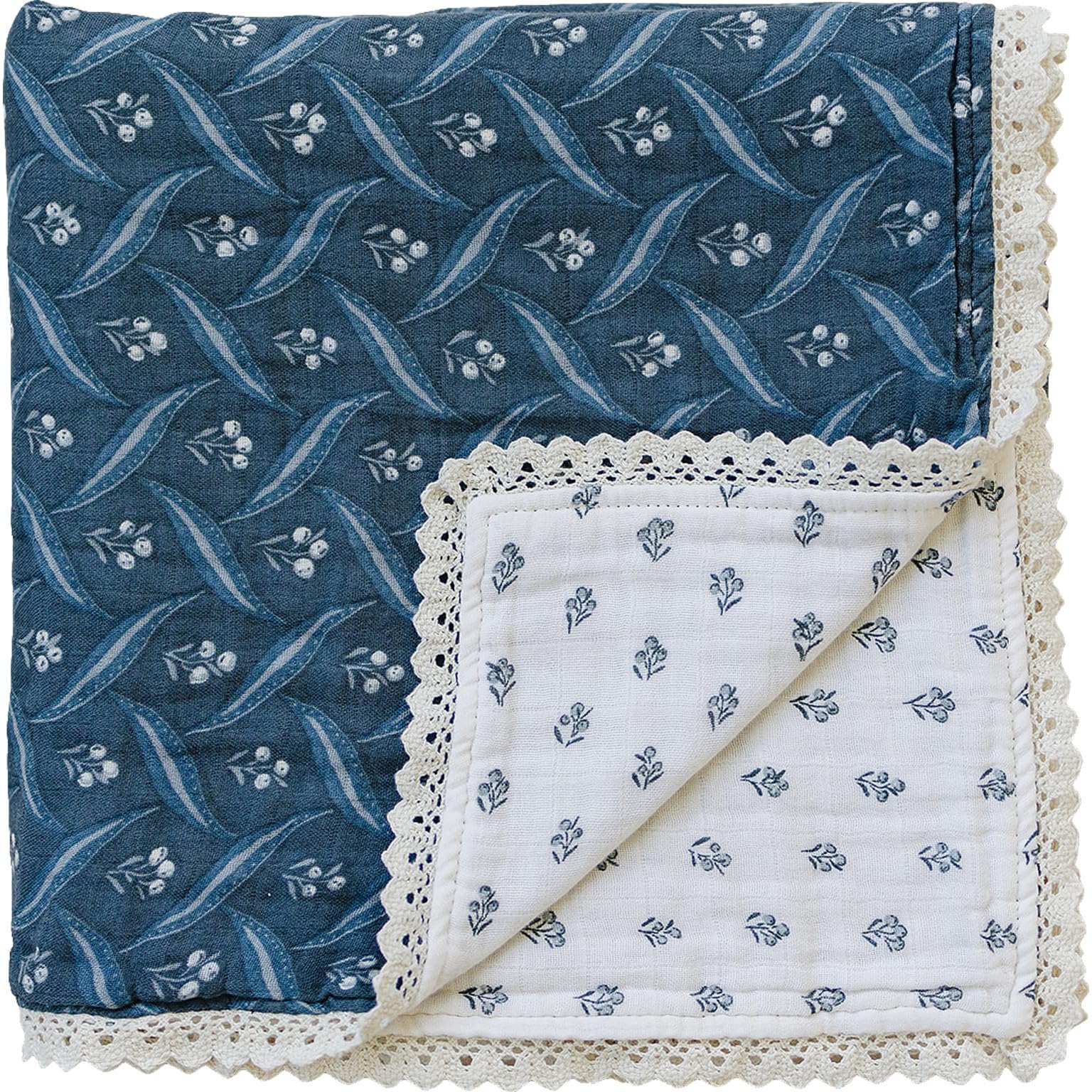 Mebie Baby Muslin Quilt, Navy Berry and Cream Berry, 100% Cotton Baby Blanket for Girls and Boys, Newborns to Toddler, Soft Swaddle Blanket, 47"x47"