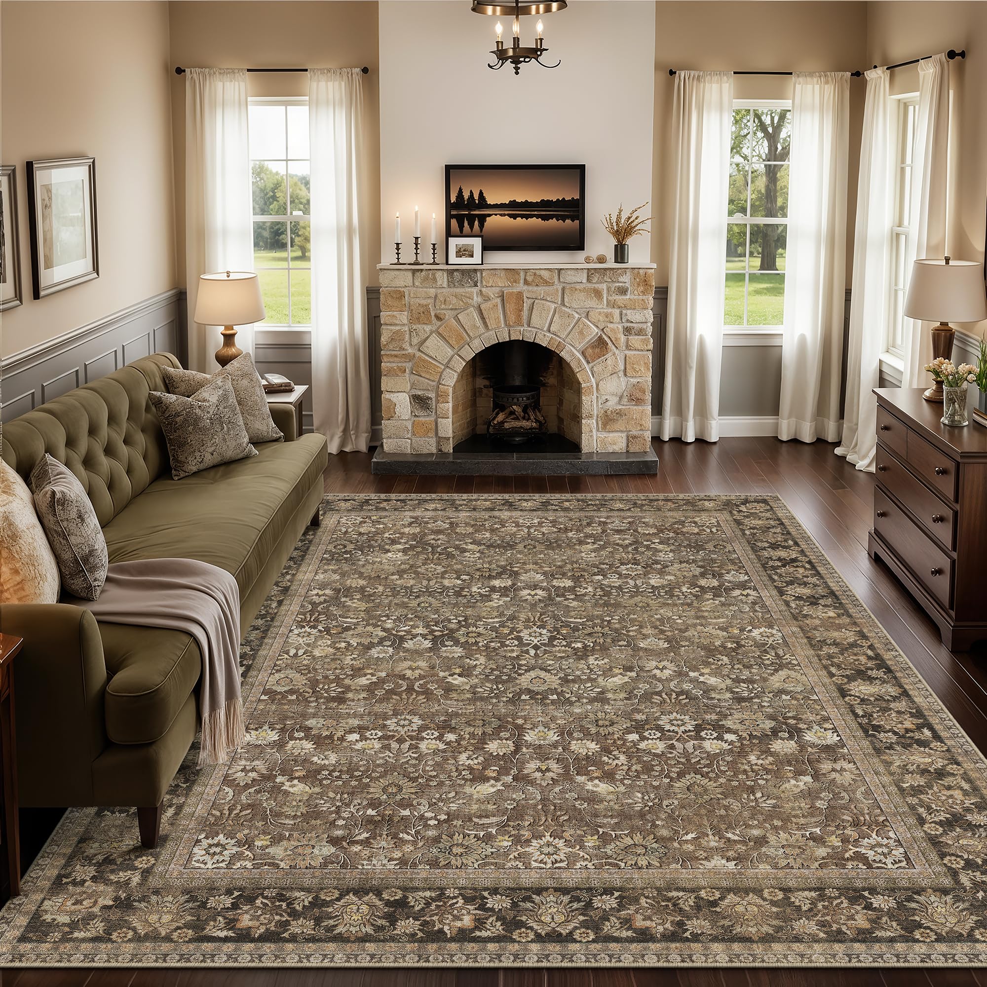 hugear 8x10 machine washable rugs brown hallway large area rug indoor accent rug floral mid pile carpet soft soft thicker aesthetic rug bedroom living room office dining kitchen laundry