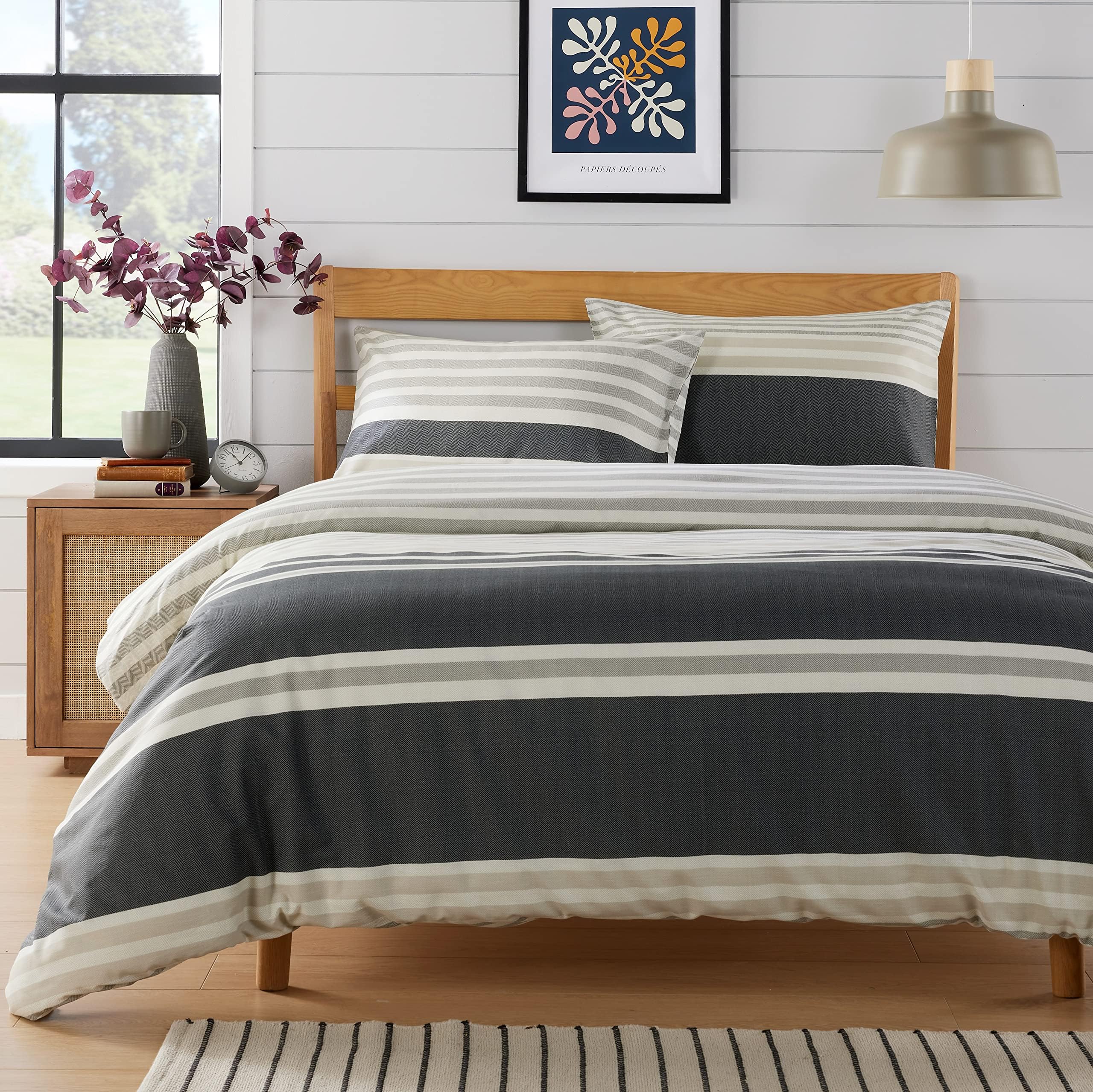 Olivia RoccoMiami Stripes Duvet Cover Set Easy Care Quilt Bedding Sets with Pillowcase Luxury Cotton Blend Reversible Ultra Soft Hypoallergenic Bed Covers, Natural Double