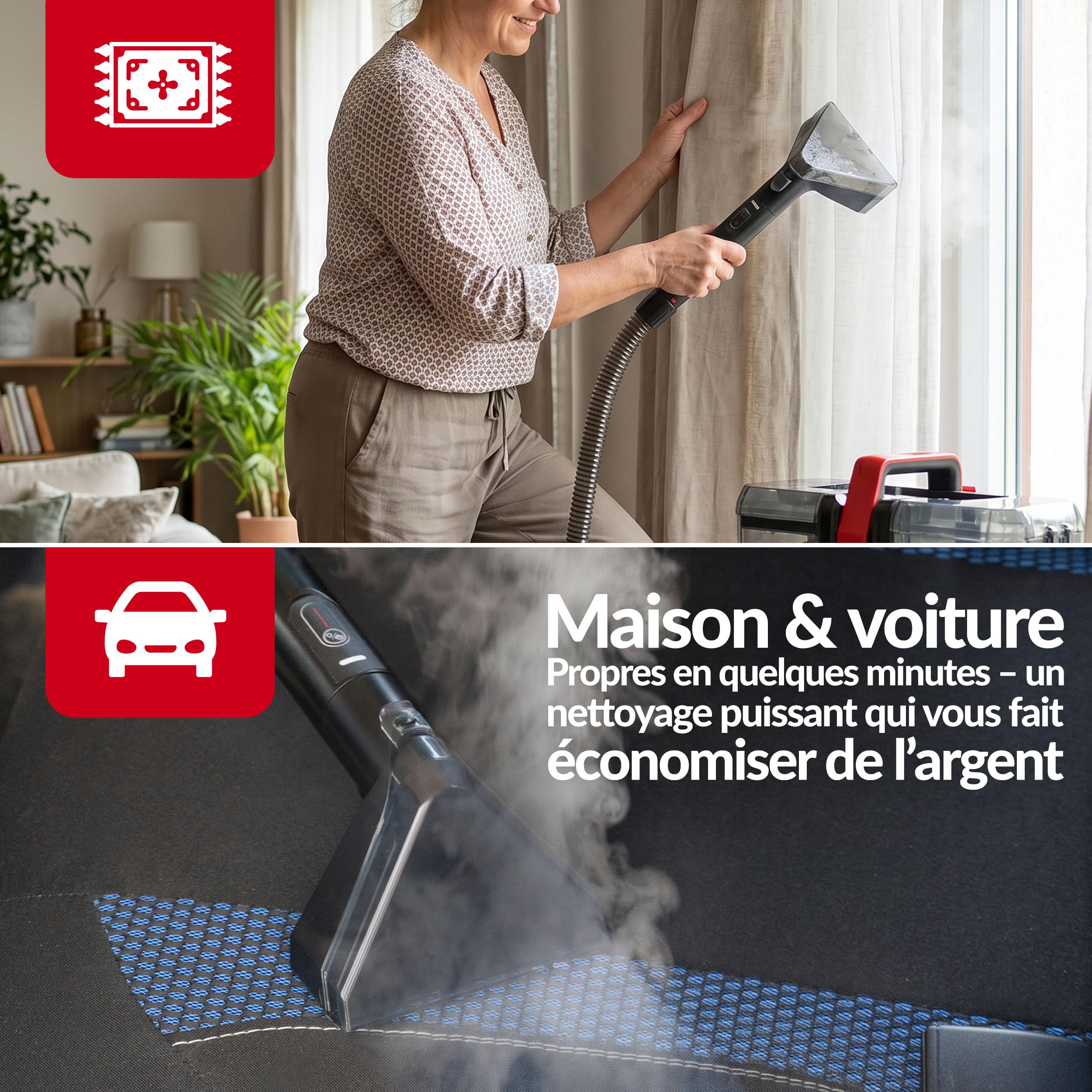 LEHMANN SteamWash 1800 - Nettoyeur Vapeur 4 en 1 & Aspirateur Injecteur Extracteur, Nettoyeur à Main Portable Canapé, Tapis, Voiture, Eau Chaude 60°C, Vapeur 116°C, 16 kPa