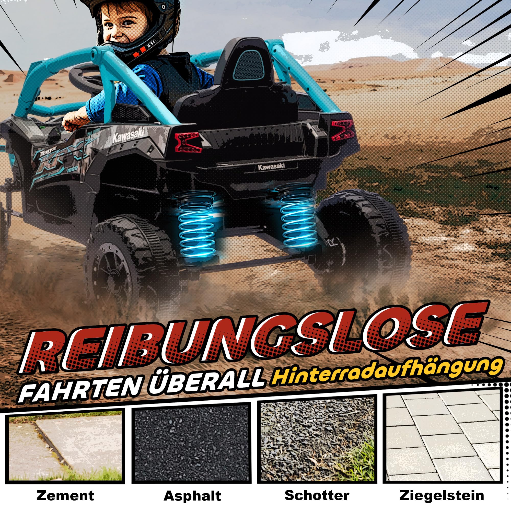 AIYAPLAY Samochód elektryczny dla dzieci, 12 V, Kawasaki, UTV, 3-8 lat, niebieski | 2 silniki, pilot zdalnego sterowania 2,4 GHz, system zawieszenia, światła LED, muzyka, klakson, pojazd elektryczny