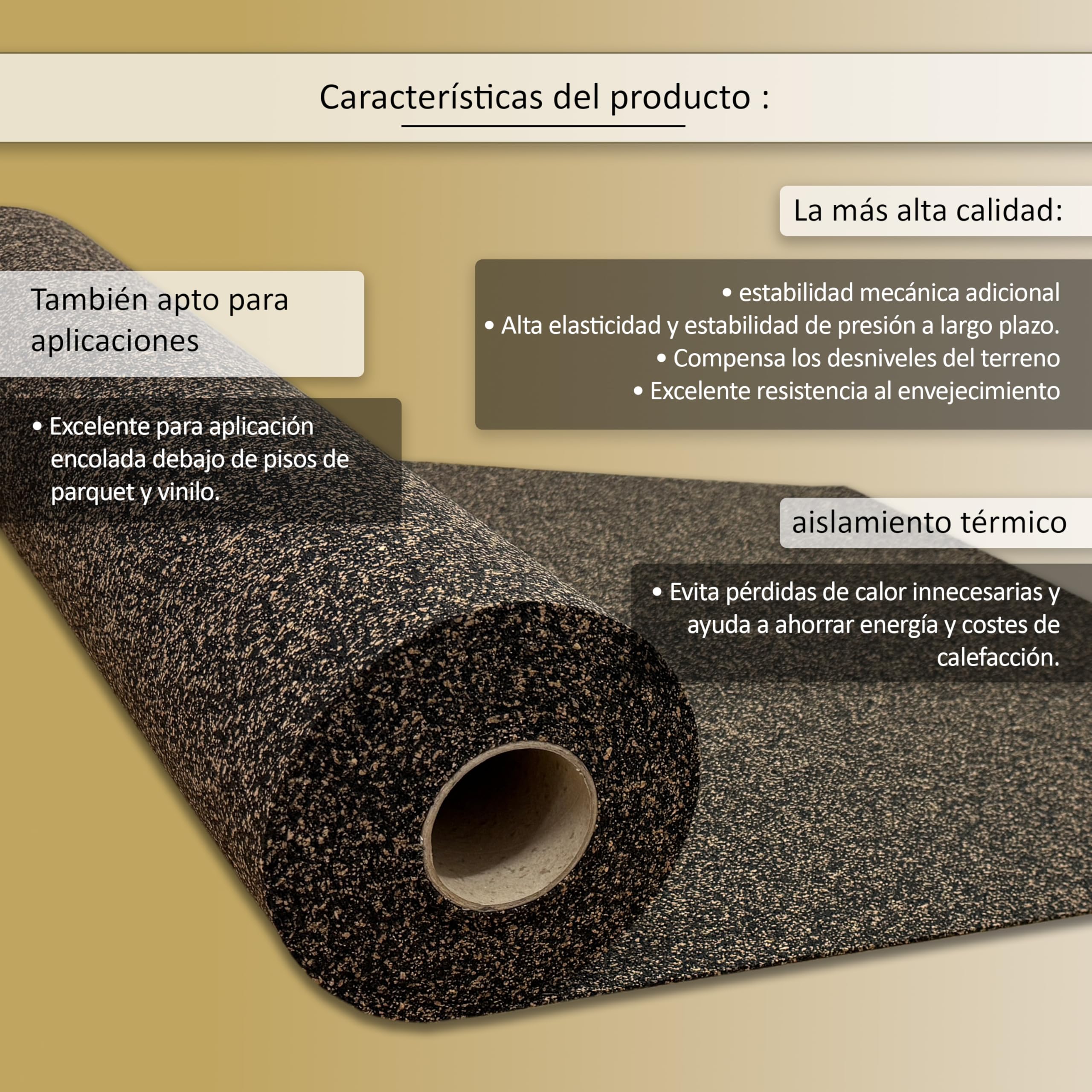 Capa base de corcho de caucho TRECOR® [5 m²], extremadamente resistente, aislamiento acústico como base laminada/base de parquet/base de vinilo, aislamiento acústico superior (Espesor 2 mm, 1 m²)