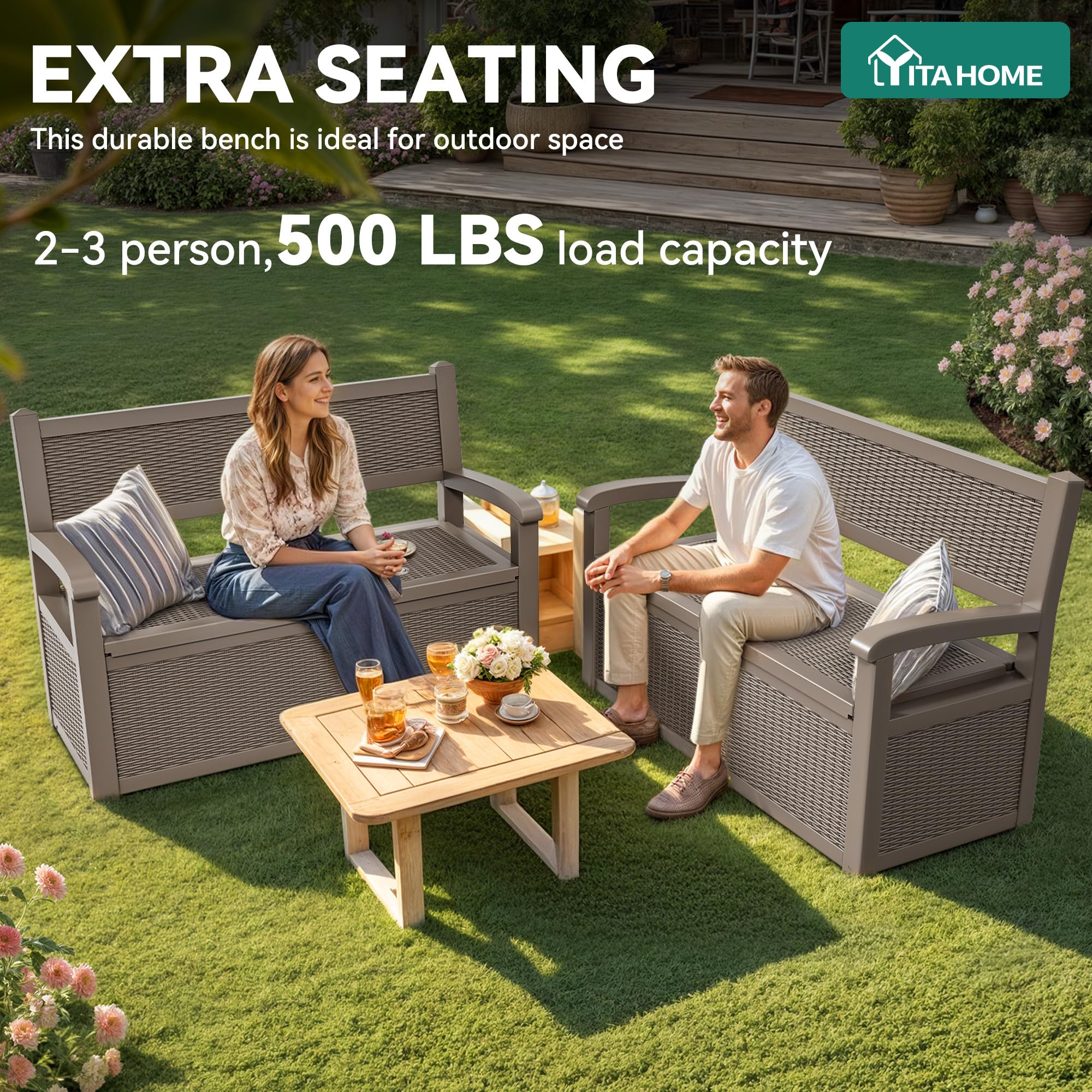 YITAHOME 265L Aufbewahrungsbank Sitzkasten, Abschließbare Gartenbox, Wetterfeste Outdoor Kiste für Terrassenkissen, Gartengeräte & Poolzubehör – Hellbraun