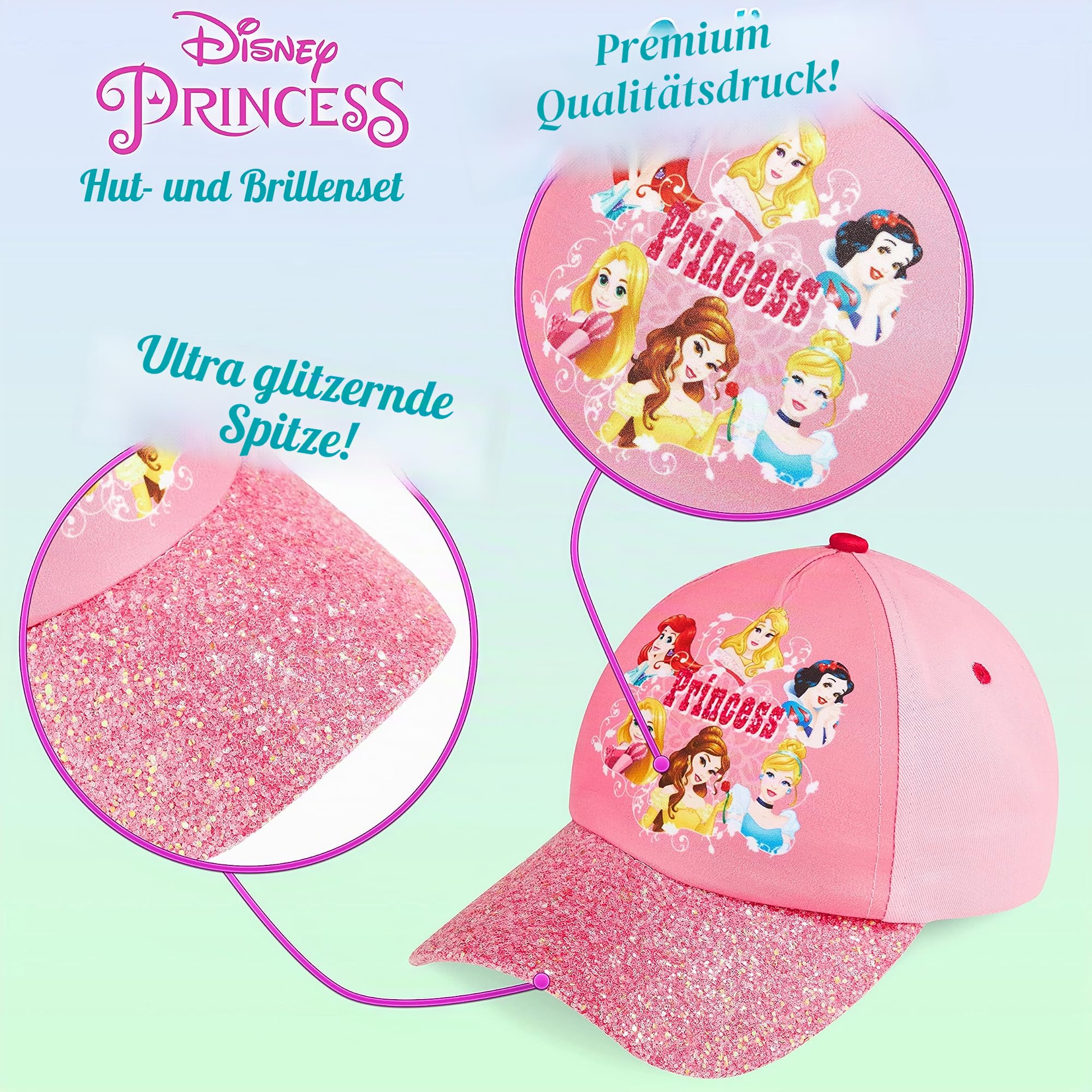 Disney Basecap Kinder Mädchen, Sonnenhut Kinder und Sonnenbrille Set, Prinzessinnen Kappe Mädchen ab 3 Jahren, Einheitsgröße