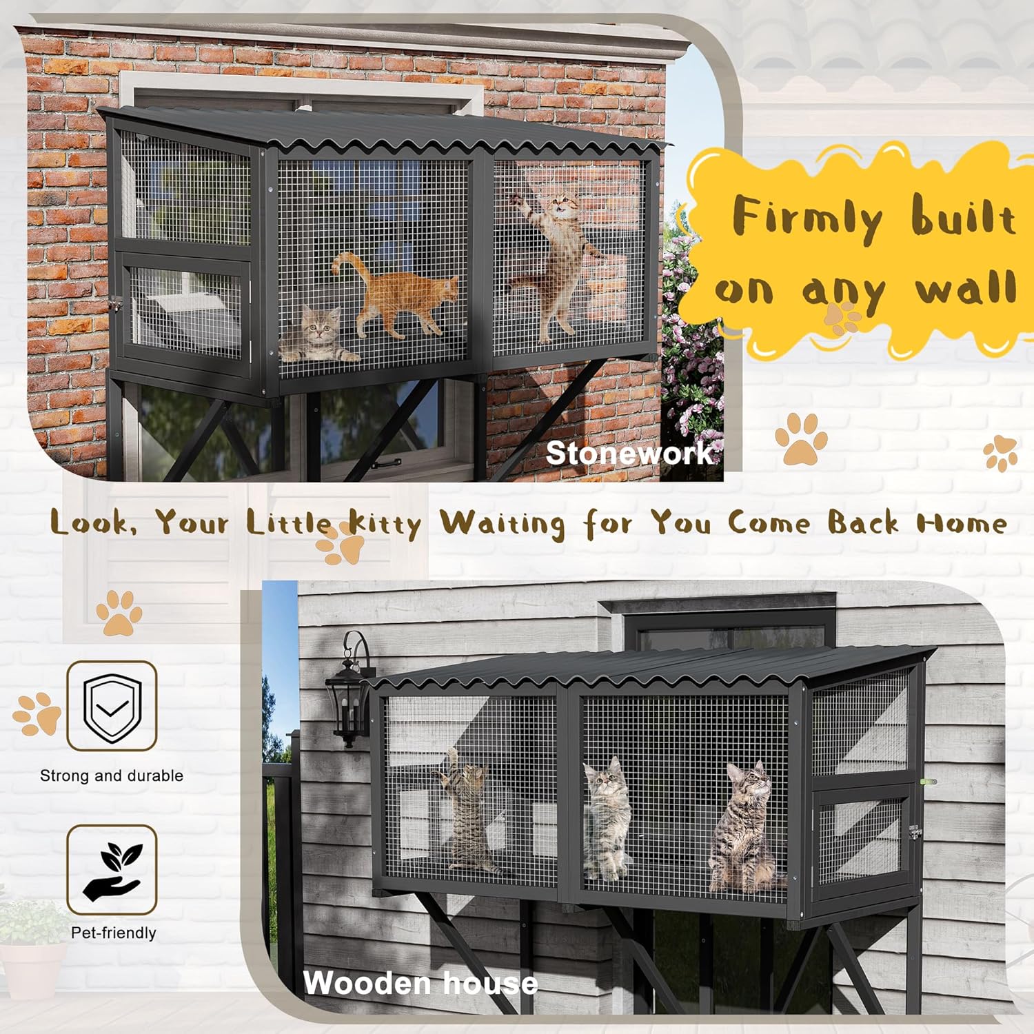 Outdoor Cat Window Perch, Catio Cat Enclosure Window Box Access with Double Doors for Cats Tunnel, Cats Patio w/All-Weather Roof for Indoor Kitty Sunbathing, Napping