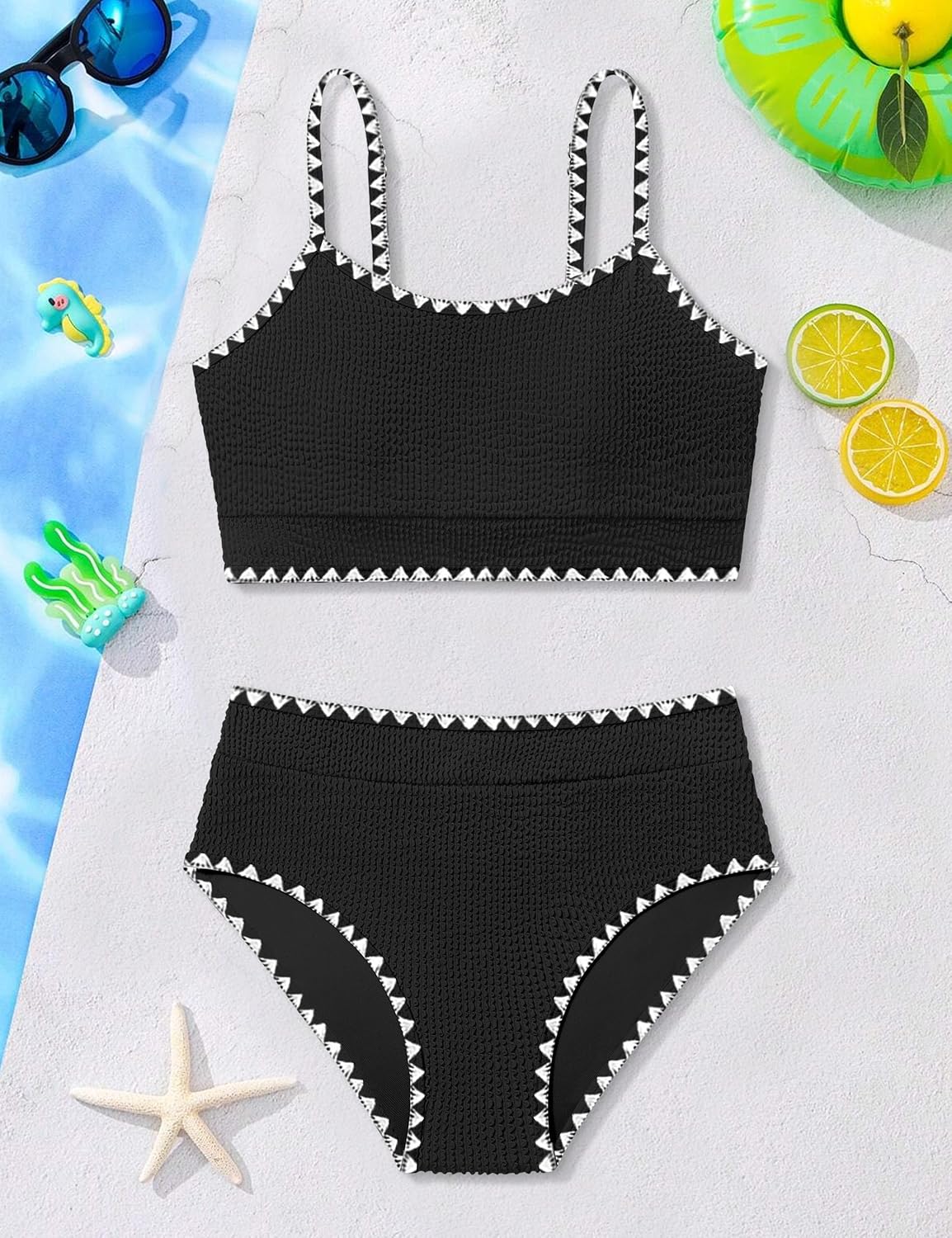 Girls Swimsuit Two Piece Solid High Waisted Bikini Contrast Trim Girls Bathing Suit for Teens with Chest Pad 9-16Y - Image 5