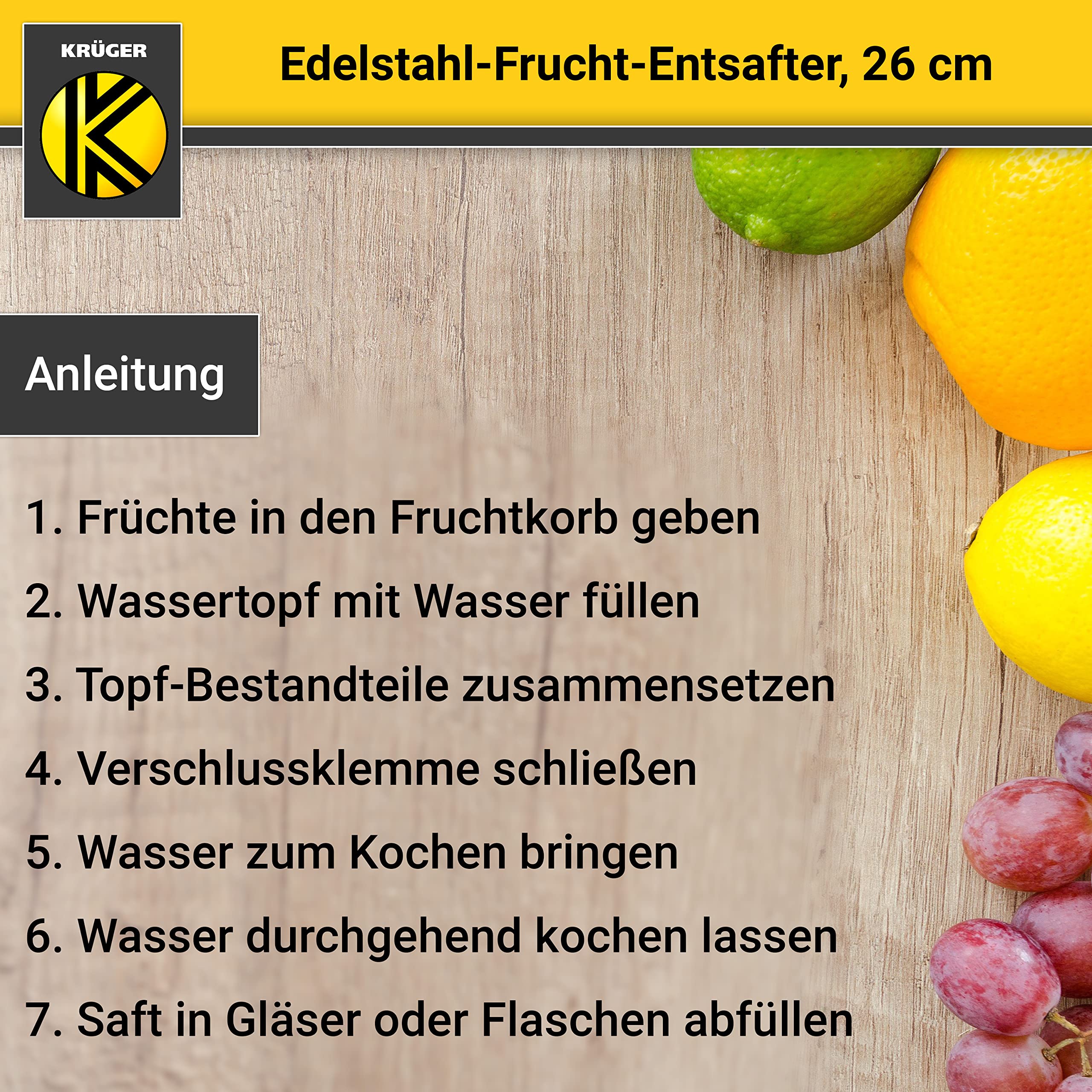 Presse Agrumes Krüger Presse-agrumes En Acier Inoxydable - Extraction Douce De Jus De Fruits Et Légumes - 26 Cm - Compatible Induction Presse-agrumes Vapeur