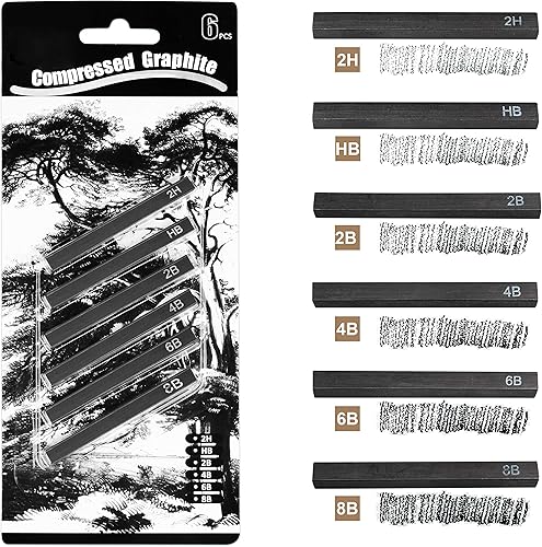 Miniatura 7 de MyLifeUNIT Carbón comprimido, palitos cuadrados de carbón de vid para dibujar, paquete de 6 (2 suaves, 2 medianos y 2 duros)