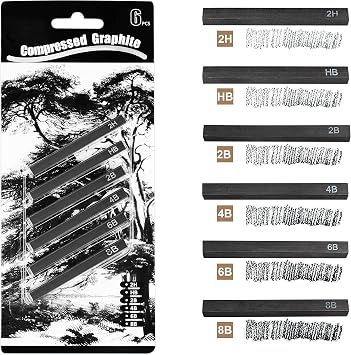 MyLifeUNIT Compressed Graphite, Square Drawing Pencils for Artists, Pack of 6 2H, HB, 2B, 4B, 6B and 8B