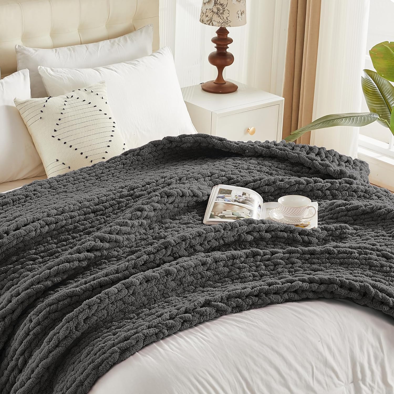 Carriediosa Chunky Knit Throw Blanket 50" X 60", 100% Hand Made Large Chenille Loop Yarn Soft Fluffy Throws for Couch Sofa Bed, Big Crochet Cozy Heavy Thick Cable Woven Blankets, Dark Grey - Image 9