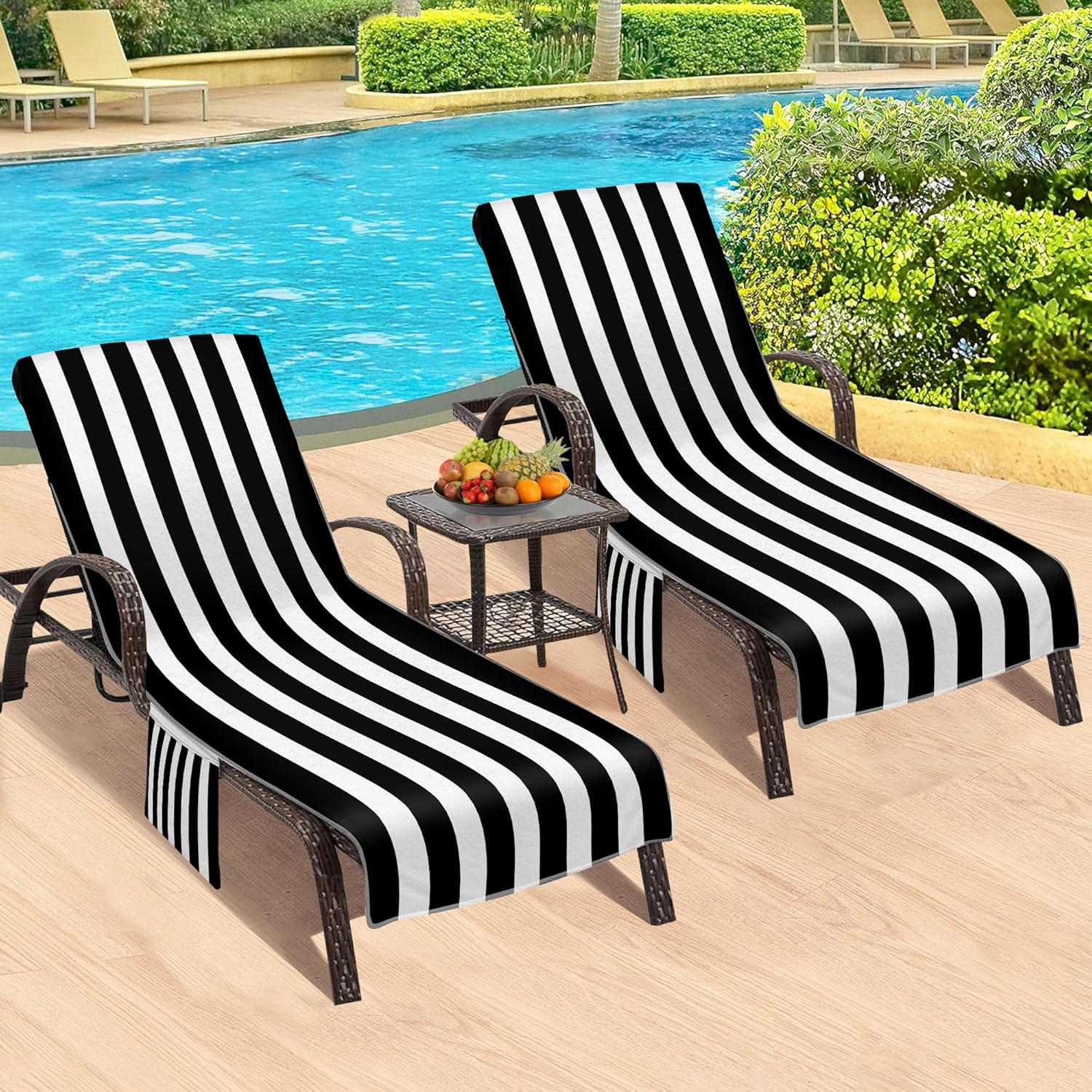 Lounge Chair Towel Cover, Chaise Lounge Covers (Pack of 2), Striped Lounge Chair Towels with Fitted Top Pocket for Pool, Beach,Vacation Travel, 85 x 30 in, Striped Black
