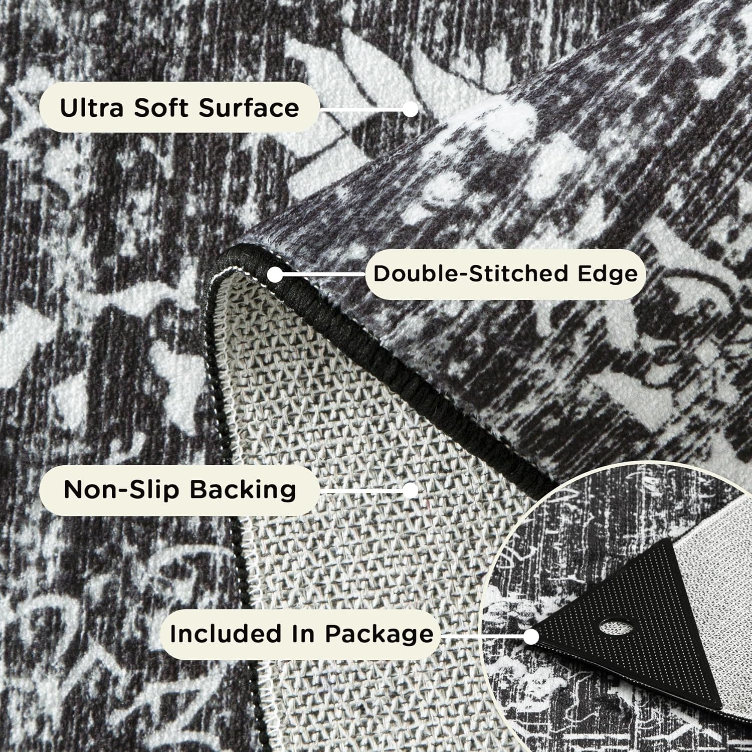 8x10 Washable Area Rugs for Living Room, Neutral Boho Rugs for Bedroom, Vintage Large Soft Faux Wool Carpet for Nursery, Playroom, Office, Dinning Room, Non Slip, Low Pile, Black, Dark Grey